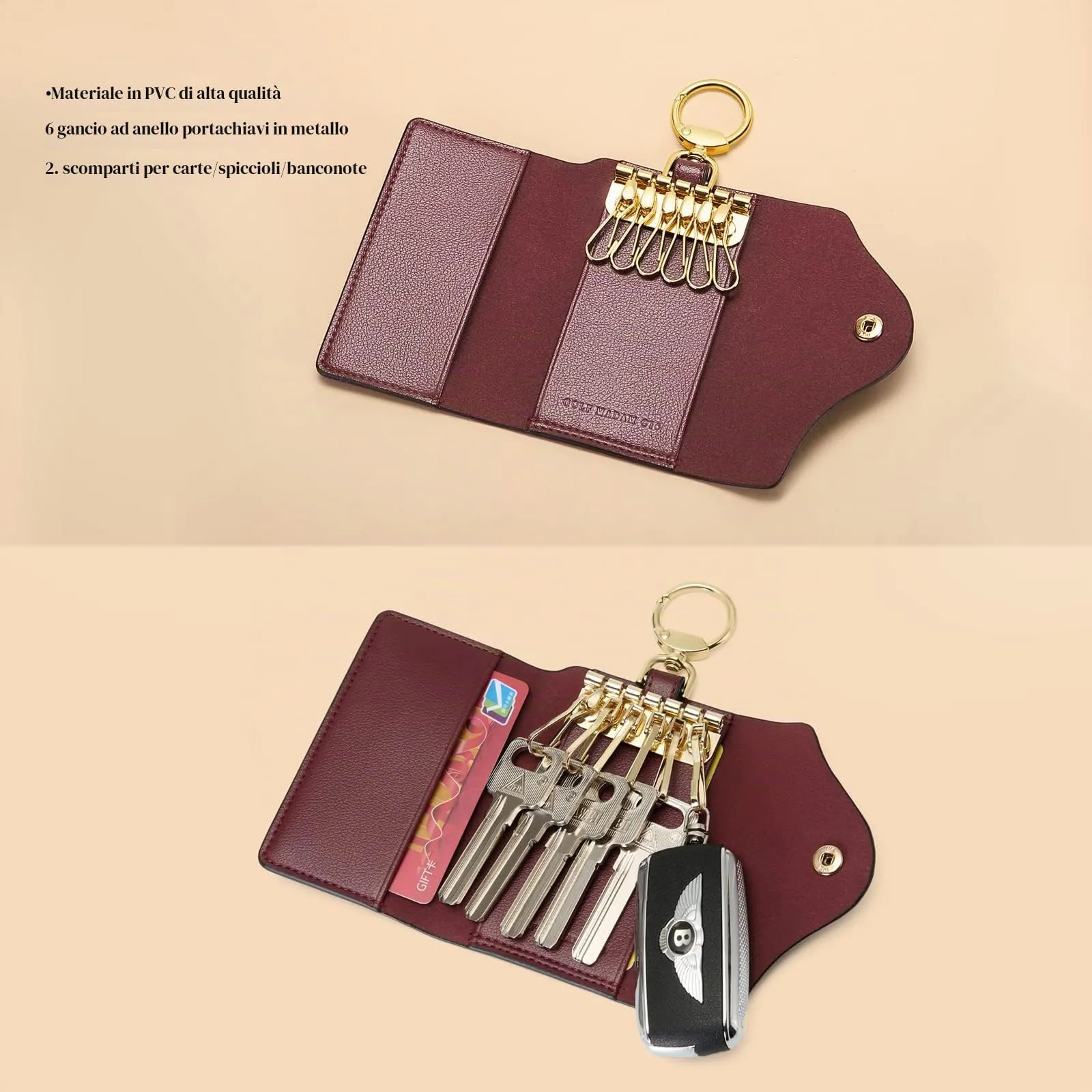 GOLF SUPAGS Portachiavi Porta Carte da Donna in Pelle PVC Portafoglio Con 6 Ganci, Chiusura a Scatto, per Chiavi, Organizer per Denaro - immagine 2