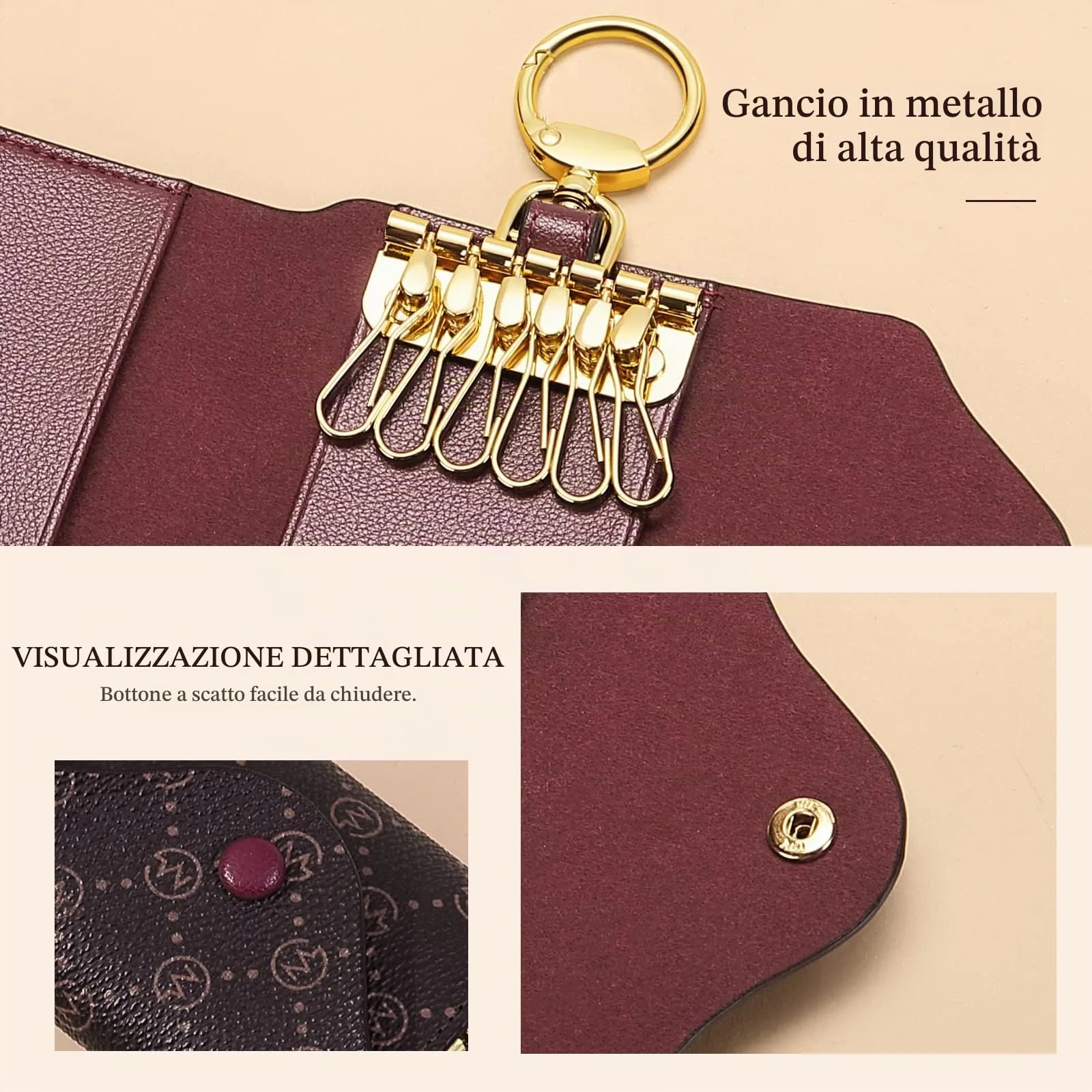 GOLF SUPAGS Portachiavi Porta Carte da Donna in Pelle PVC Portafoglio Con 6 Ganci, Chiusura a Scatto, per Chiavi, Organizer per Denaro - immagine 3