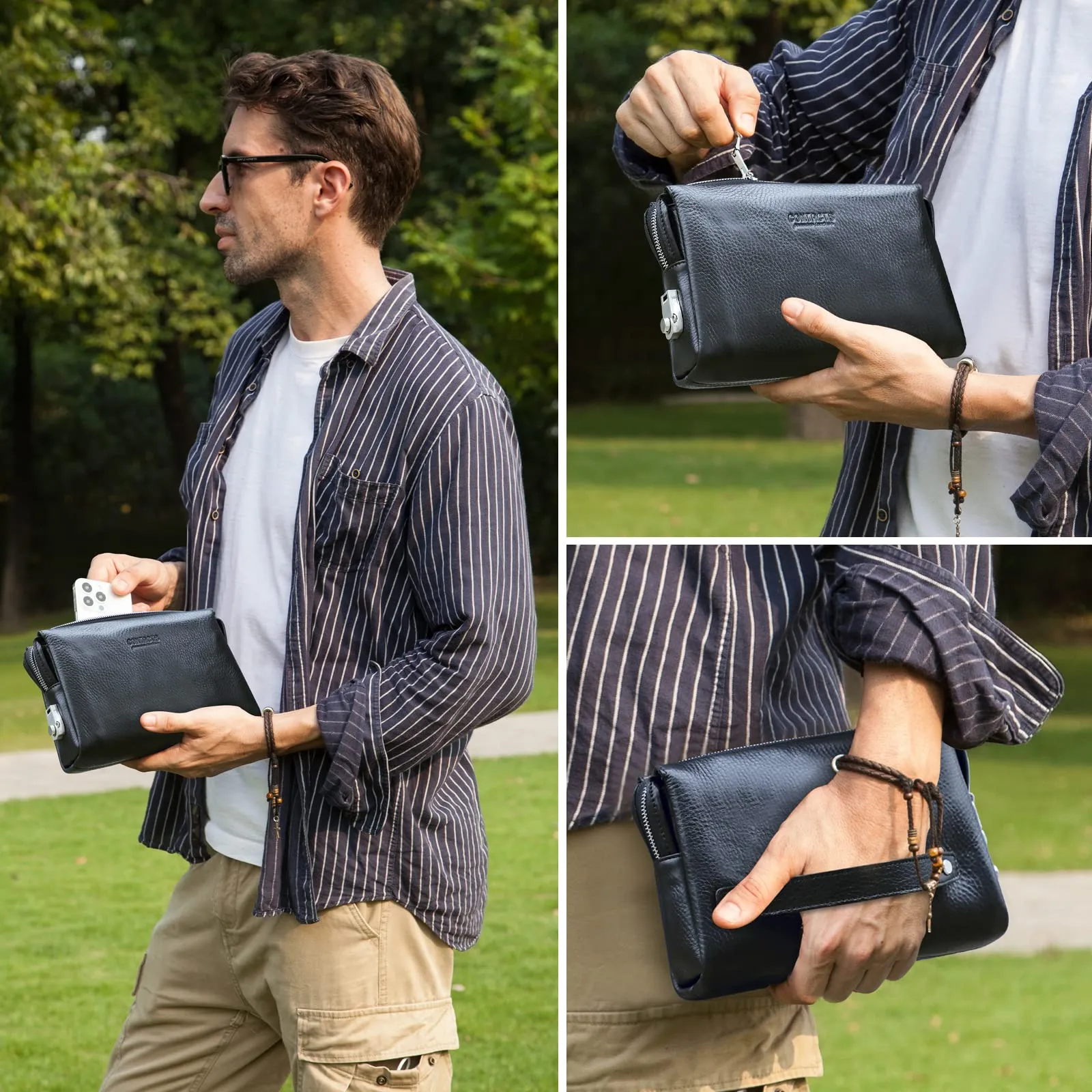 CONTACTS Pochette porta carte d'identità in vera pelle per uomo, grande capacità Portafoglio con serratura a combinazione antifurto - immagine 2