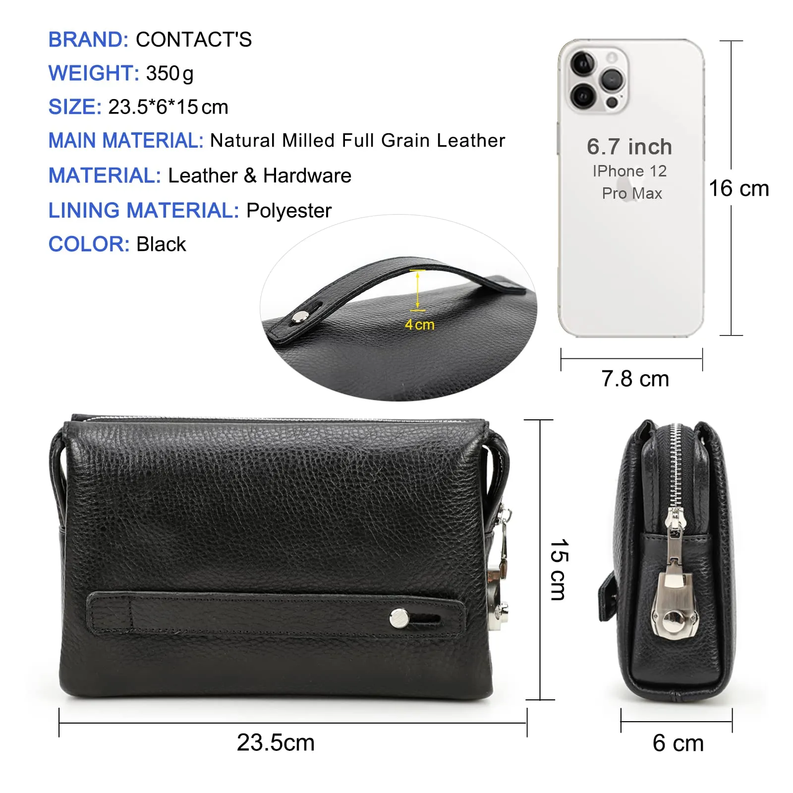 CONTACTS Pochette porta carte d'identità in vera pelle per uomo, grande capacità Portafoglio con serratura a combinazione antifurto - immagine 3