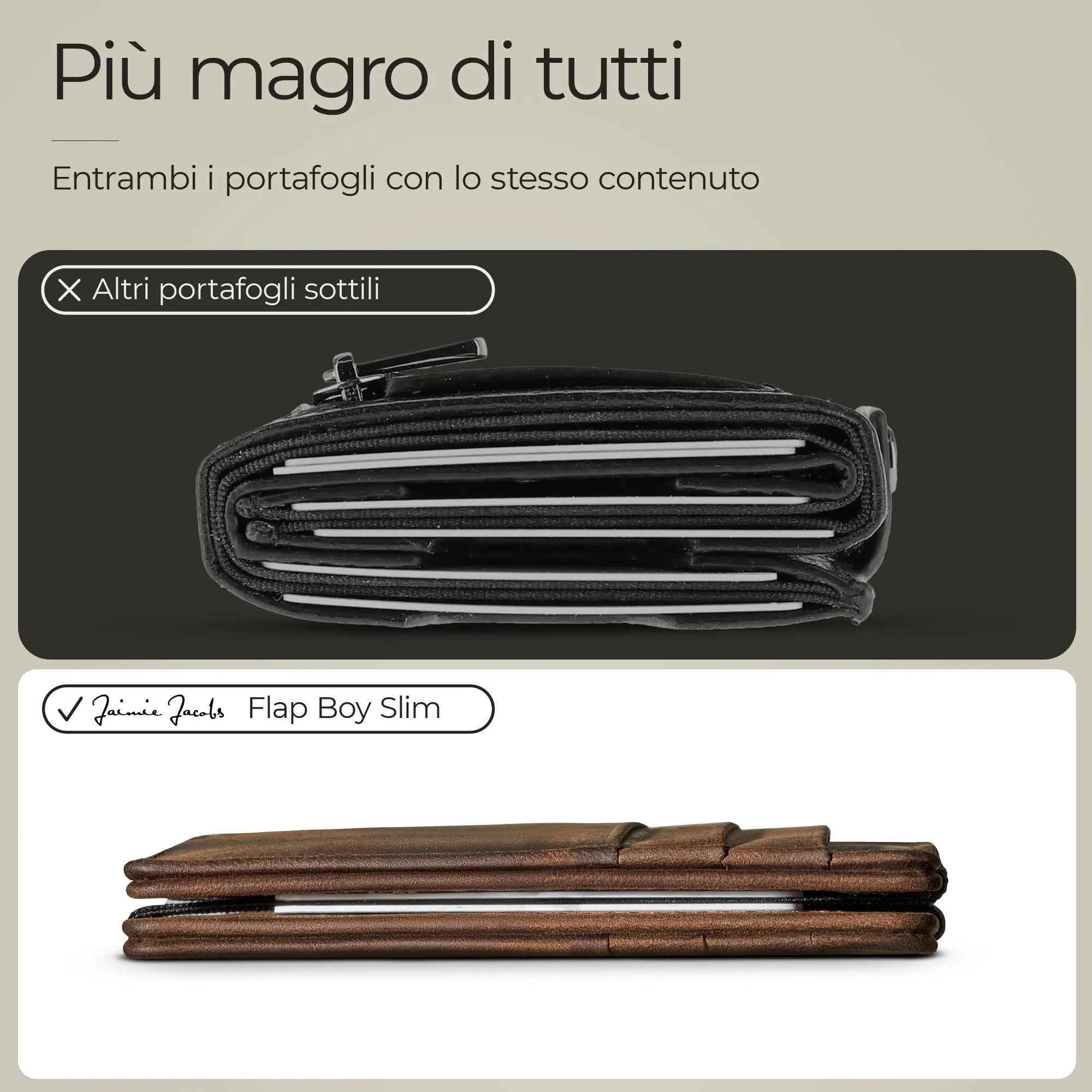 Jaimie Jacobs Portafoglio Magico, Magic Wallet Flap Boy Slim - l'Originale - Protezione RFID, Portafoglio Uomo Piccolo, Porta Carte di Credito, Porta Tessere (Abbronzatura Scuro) - immagine 3
