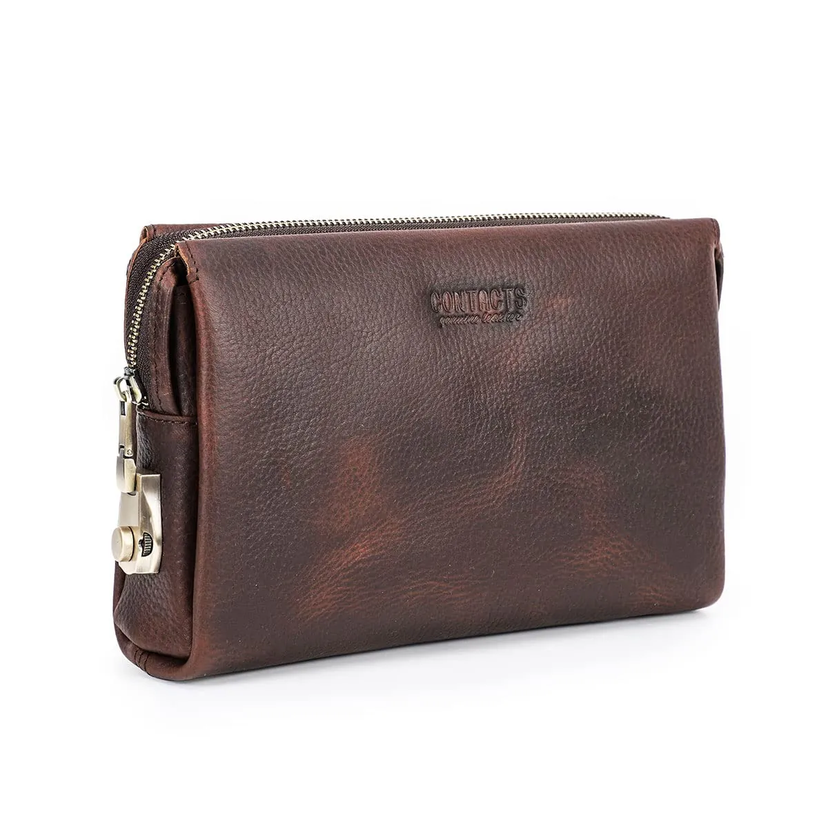 CONTACTS Pochette da uomo in vera pelle per carte d'identità, grande capacità, con blocco antifurto, da viaggio, passaporto, telefono, borsa a mano con cinturino da polso, Caff, 23.5 x 6 x 15cm - immagine 1