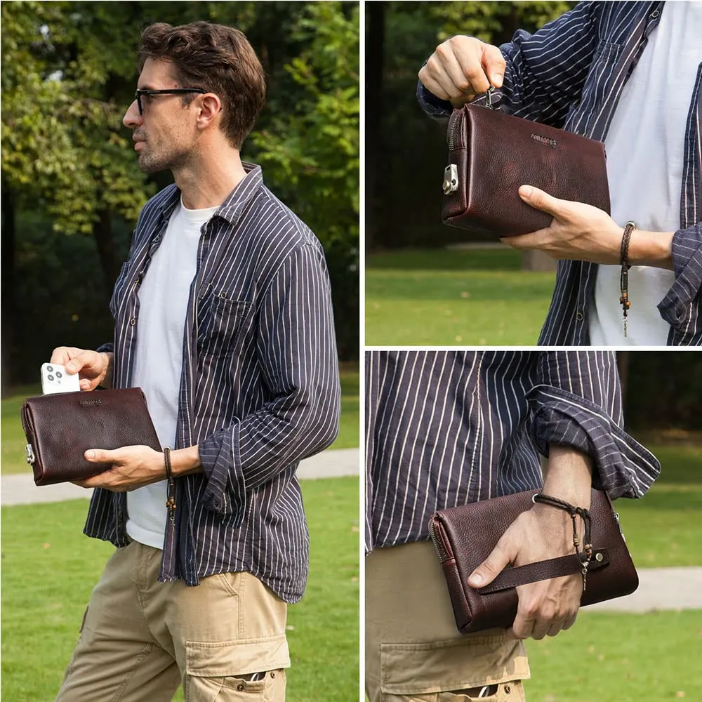 CONTACTS Pochette da uomo in vera pelle per carte d'identità, grande capacità, con blocco antifurto, da viaggio, passaporto, telefono, borsa a mano con cinturino da polso, Caff, 23.5 x 6 x 15cm - immagine 2
