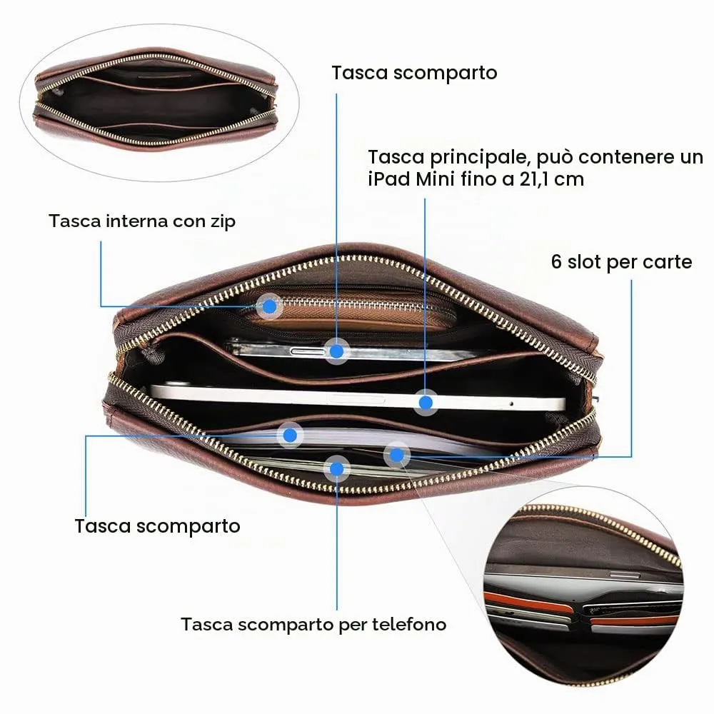 CONTACTS Pochette da uomo in vera pelle per carte d'identità, grande capacità, con blocco antifurto, da viaggio, passaporto, telefono, borsa a mano con cinturino da polso, Caff, 23.5 x 6 x 15cm - immagine 4