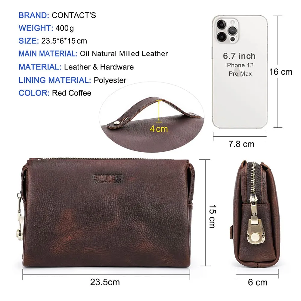 CONTACTS Pochette da uomo in vera pelle per carte d'identità, grande capacità, con blocco antifurto, da viaggio, passaporto, telefono, borsa a mano con cinturino da polso, Caff, 23.5 x 6 x 15cm - immagine 5