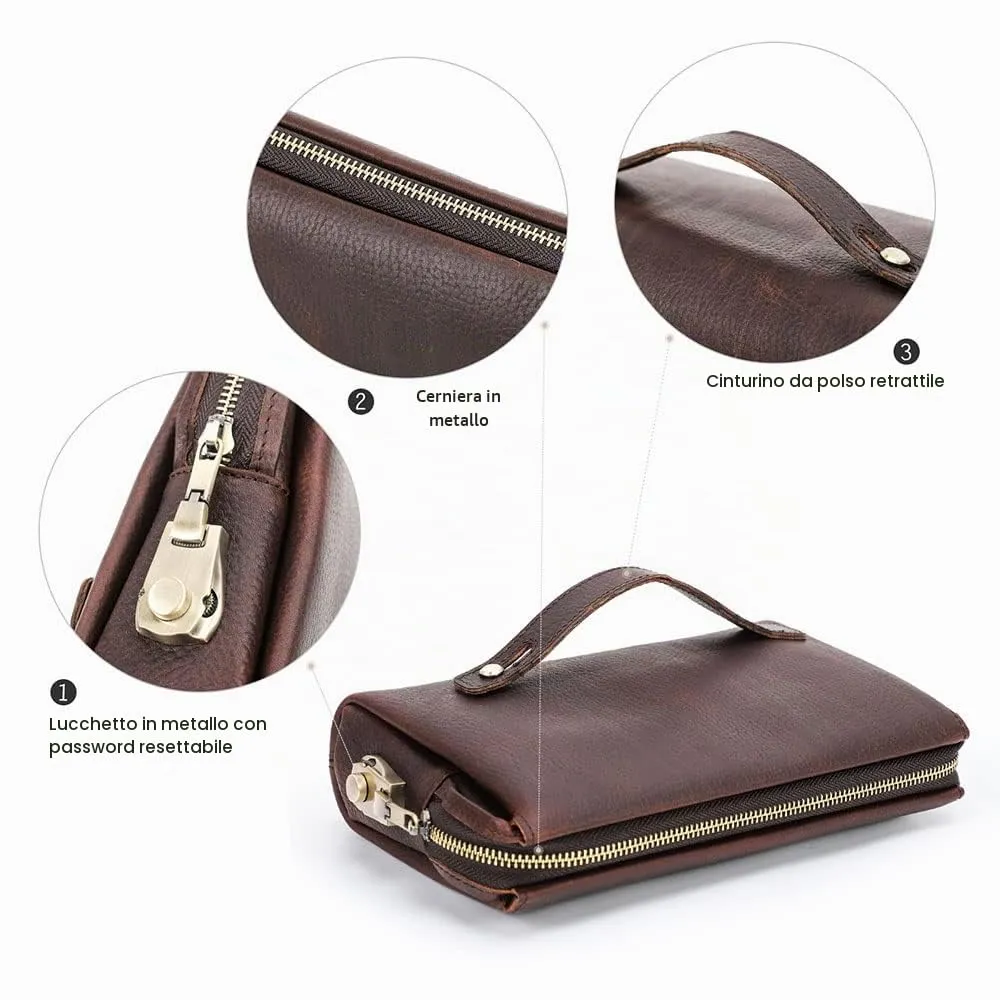 CONTACTS Pochette da uomo in vera pelle per carte d'identità, grande capacità, con blocco antifurto, da viaggio, passaporto, telefono, borsa a mano con cinturino da polso, Caff, 23.5 x 6 x 15cm - immagine 7