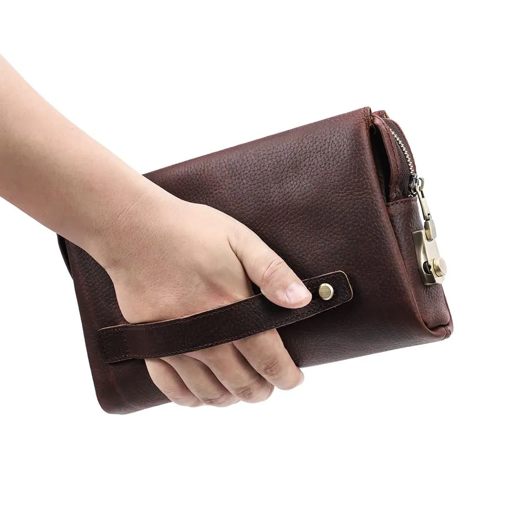CONTACTS Pochette da uomo in vera pelle per carte d'identità, grande capacità, con blocco antifurto, da viaggio, passaporto, telefono, borsa a mano con cinturino da polso, Caff, 23.5 x 6 x 15cm - immagine 8