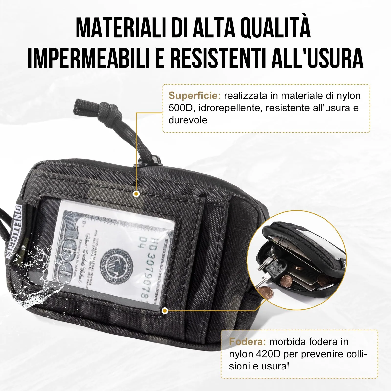 Onetigris Portafoglio 500D Nylon Piccolo Con Cerniera Portafoglio Tattico Custodia Per Carte Di Credito Piccola Tasca Per Uomini e Donne-Camo Nero - immagine 3