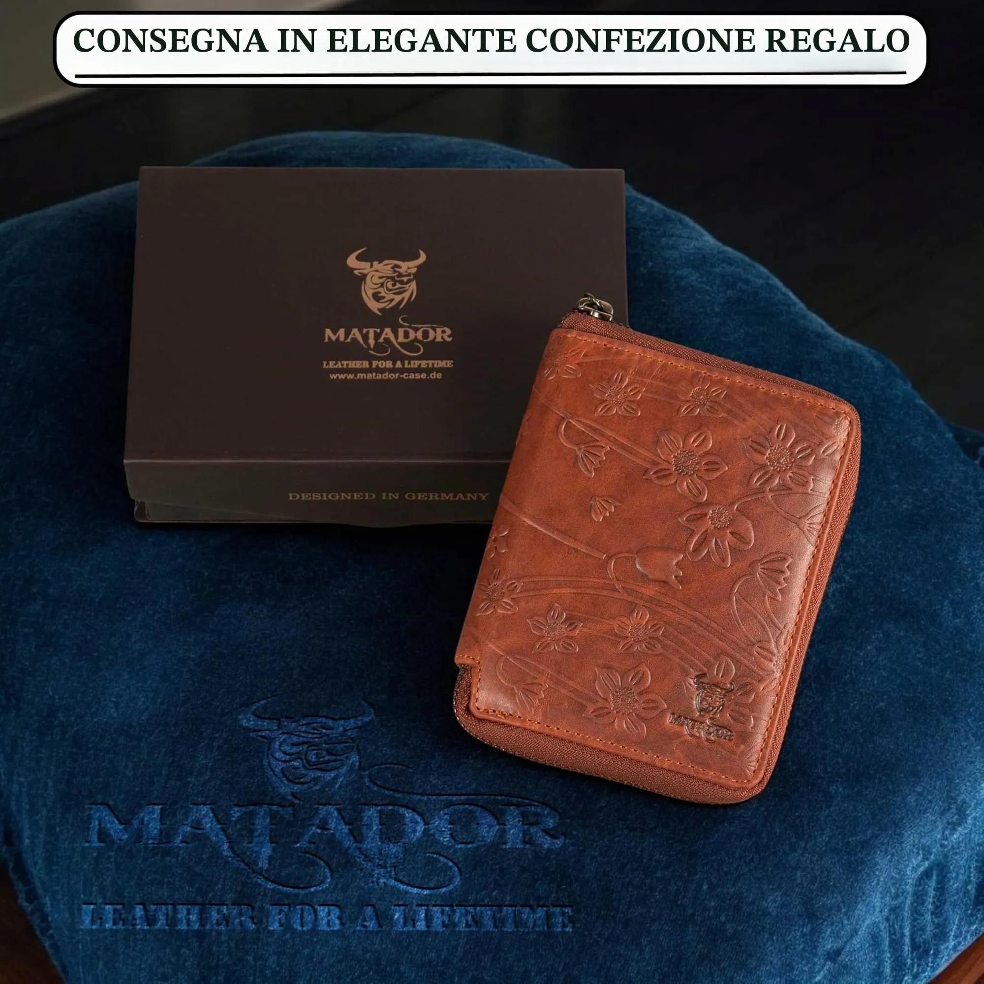 Matador Portafoglio Donna Grande Pelle Fiori Marrone Fiorato RFID Zip - immagine 5