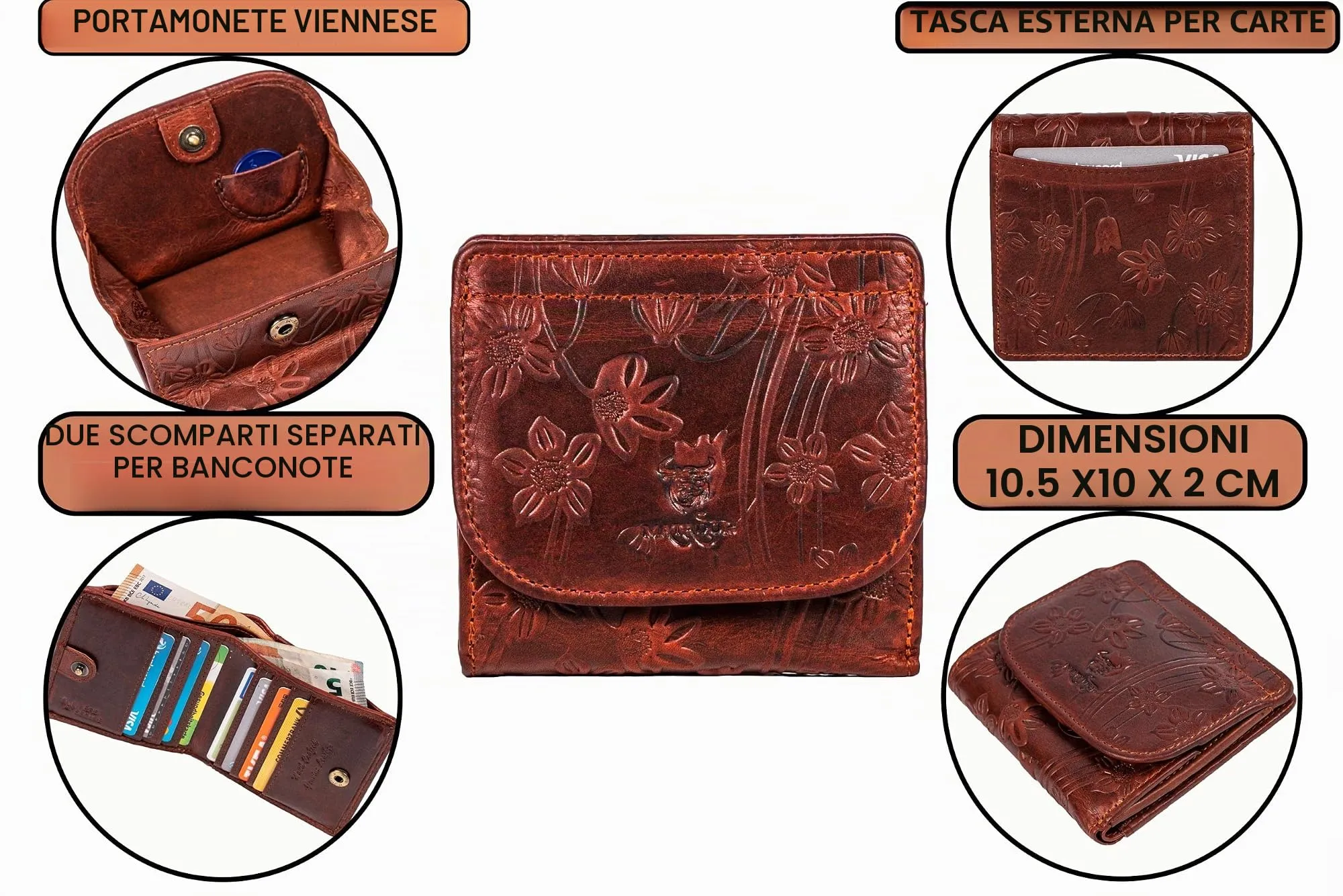Matador Portafoglio Donna Piccolo Pelle RFID Portamonete Fiori Marroni - immagine 4