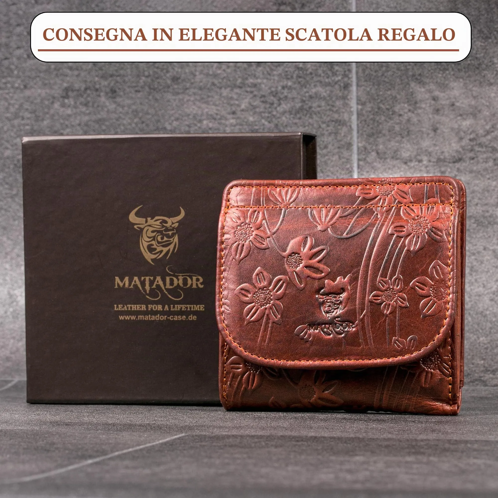 Matador Portafoglio Donna Piccolo Pelle RFID Portamonete Fiori Marroni - immagine 6