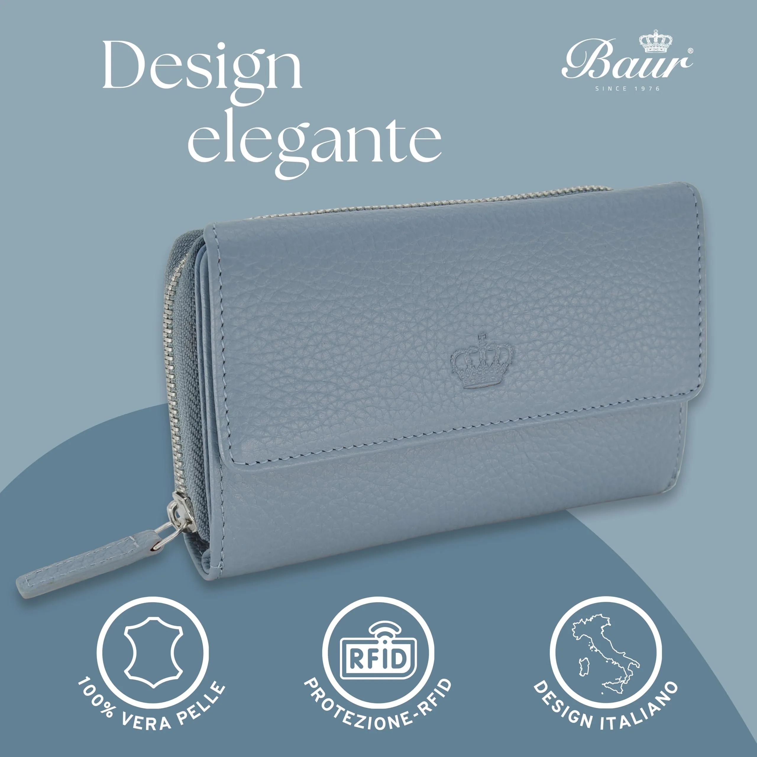 Baur portafoglio da donna – vera pelle con protezione RFID – portafoglio grande con 14 scomparti per carte – chiusura a bottone a pressione & tasca portamonete con cerniera (Blu colomba) - immagine 2