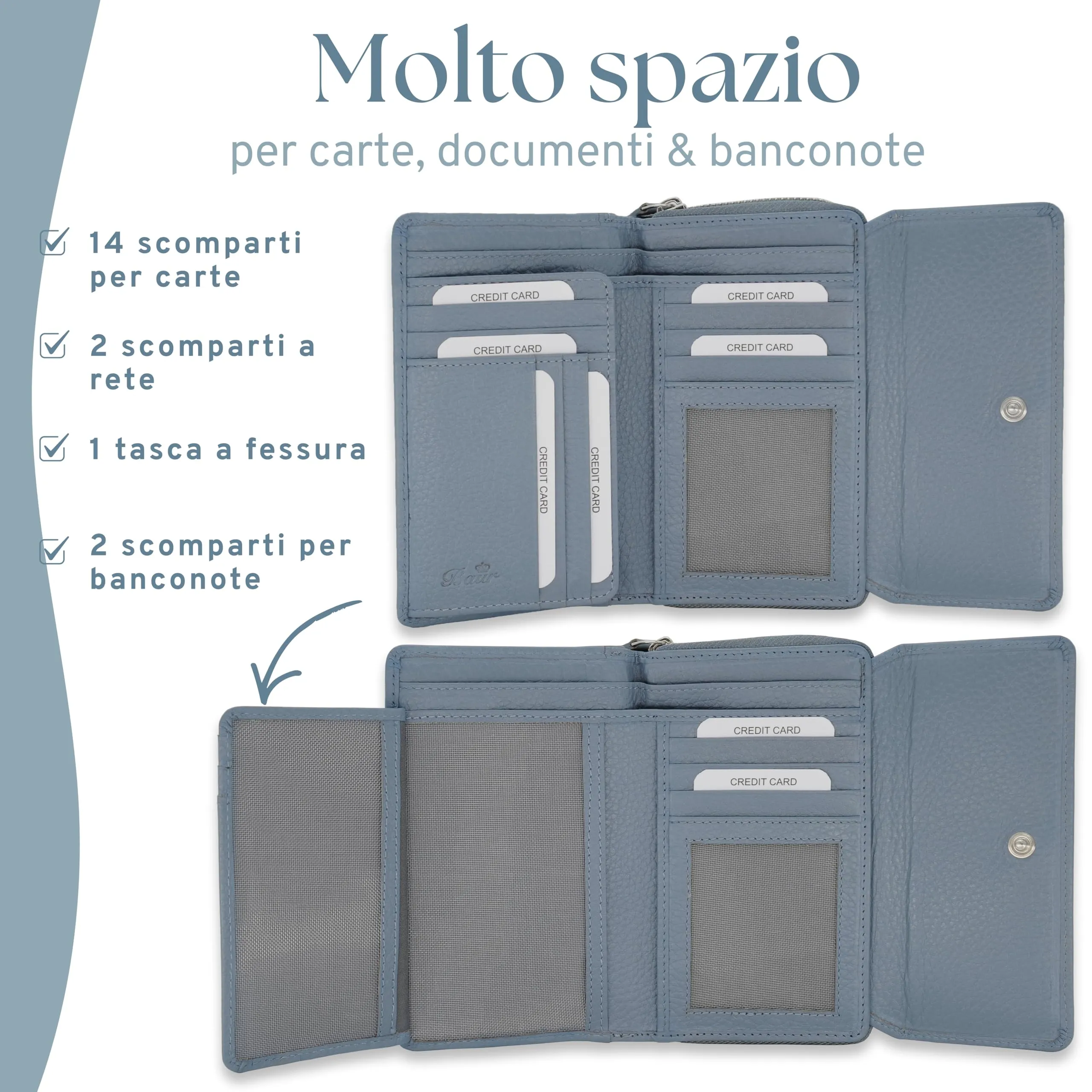 Baur portafoglio da donna – vera pelle con protezione RFID – portafoglio grande con 14 scomparti per carte – chiusura a bottone a pressione & tasca portamonete con cerniera (Blu colomba) - immagine 4