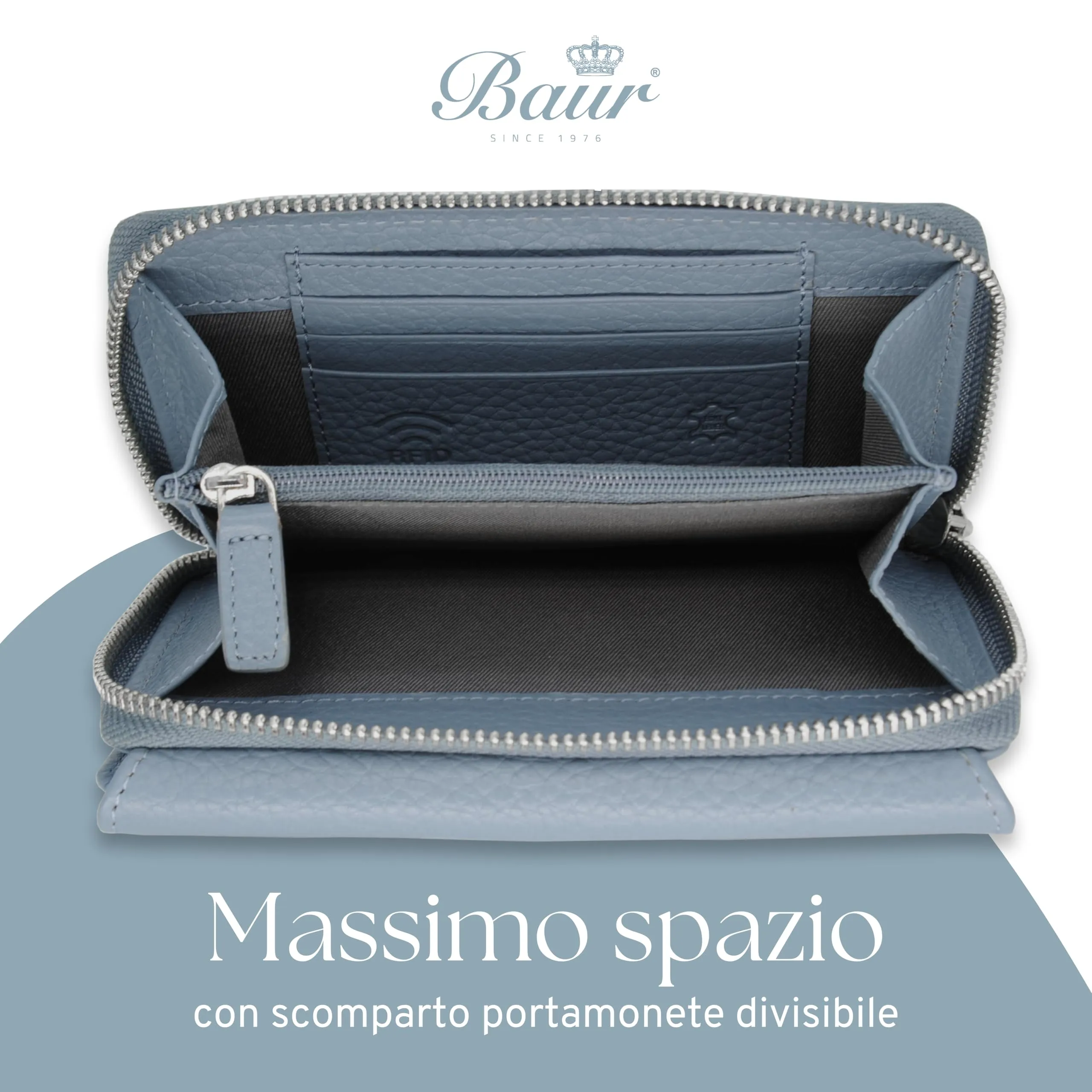 Baur portafoglio da donna – vera pelle con protezione RFID – portafoglio grande con 14 scomparti per carte – chiusura a bottone a pressione & tasca portamonete con cerniera (Blu colomba) - immagine 5