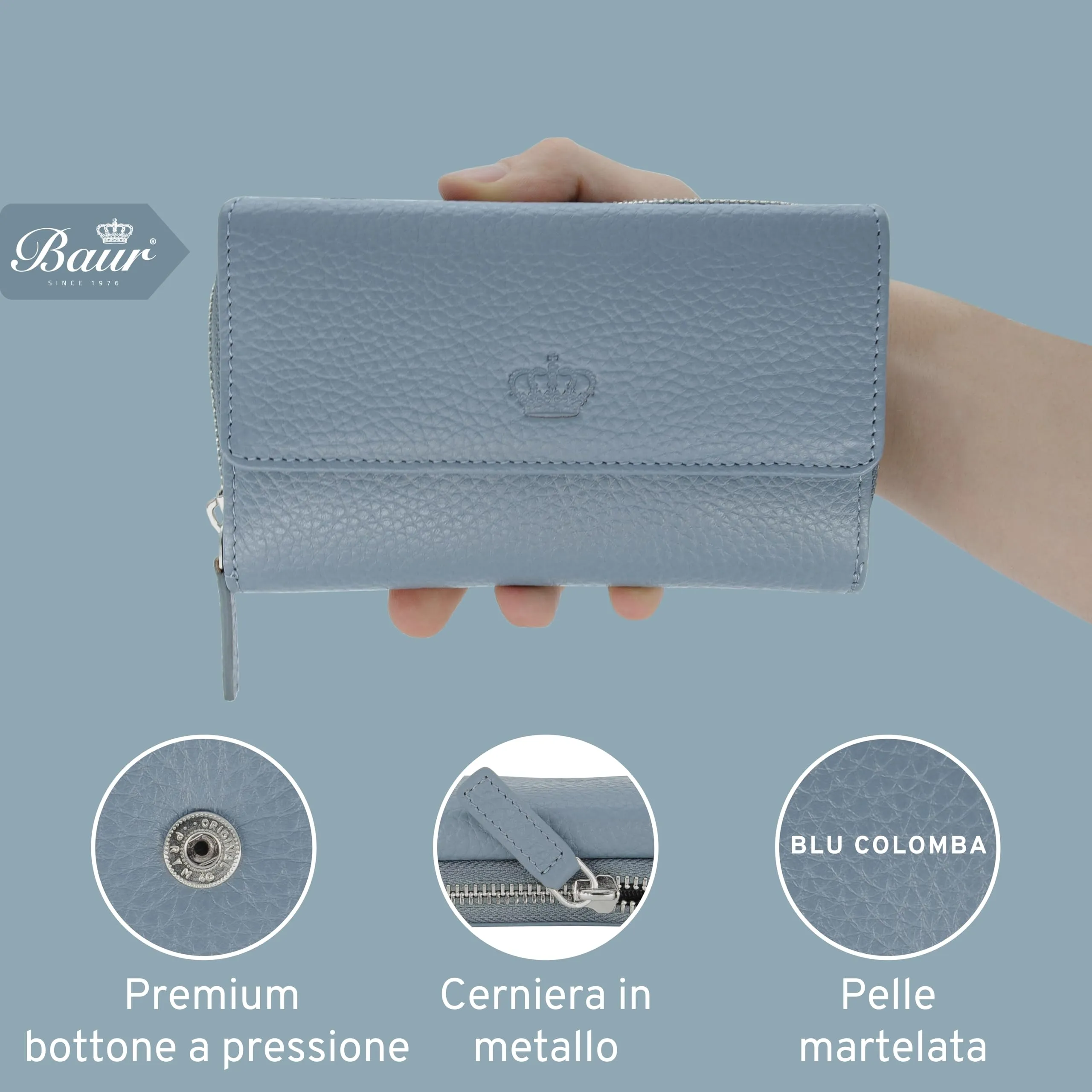 Baur portafoglio da donna – vera pelle con protezione RFID – portafoglio grande con 14 scomparti per carte – chiusura a bottone a pressione & tasca portamonete con cerniera (Blu colomba) - immagine 6