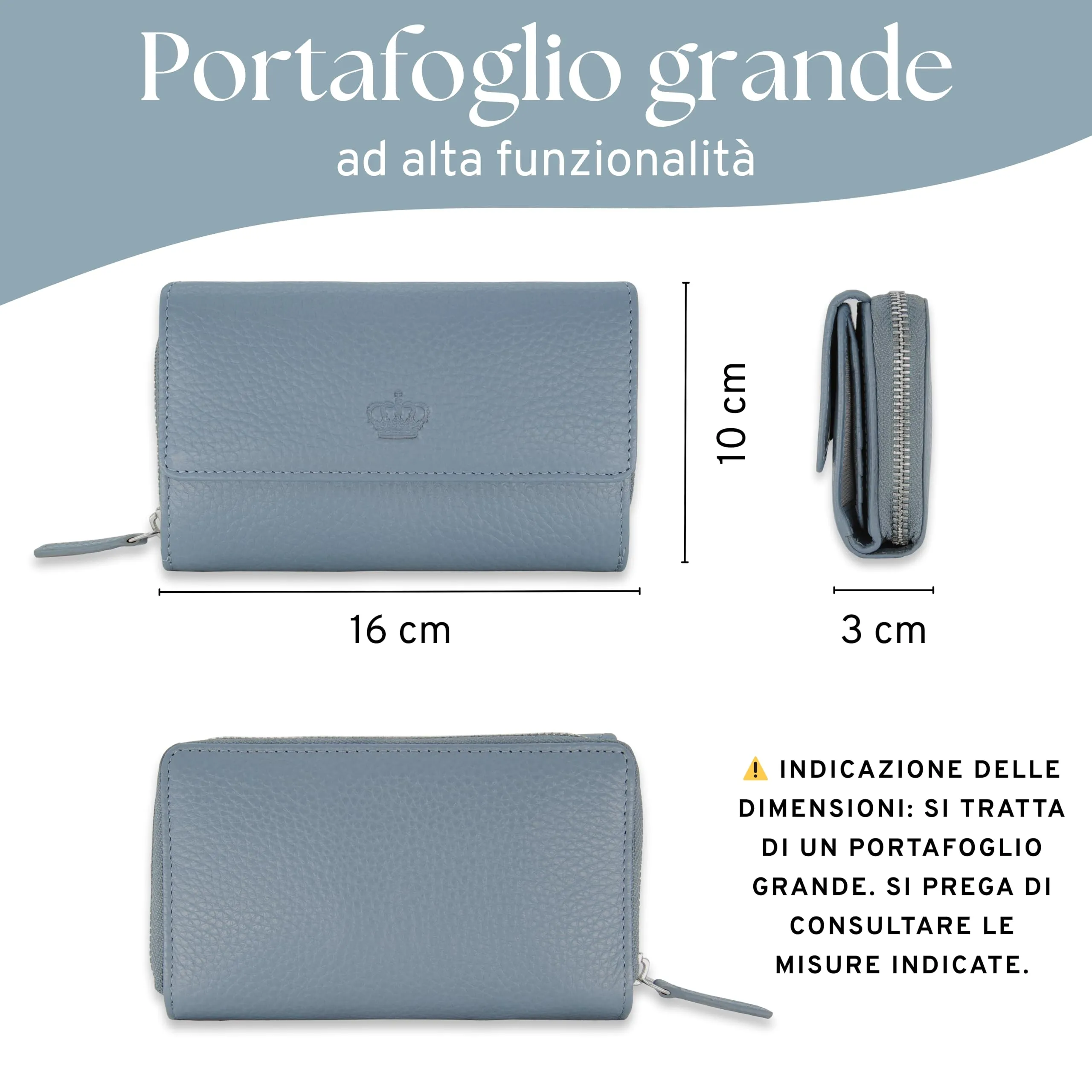 Baur portafoglio da donna – vera pelle con protezione RFID – portafoglio grande con 14 scomparti per carte – chiusura a bottone a pressione & tasca portamonete con cerniera (Blu colomba) - immagine 7