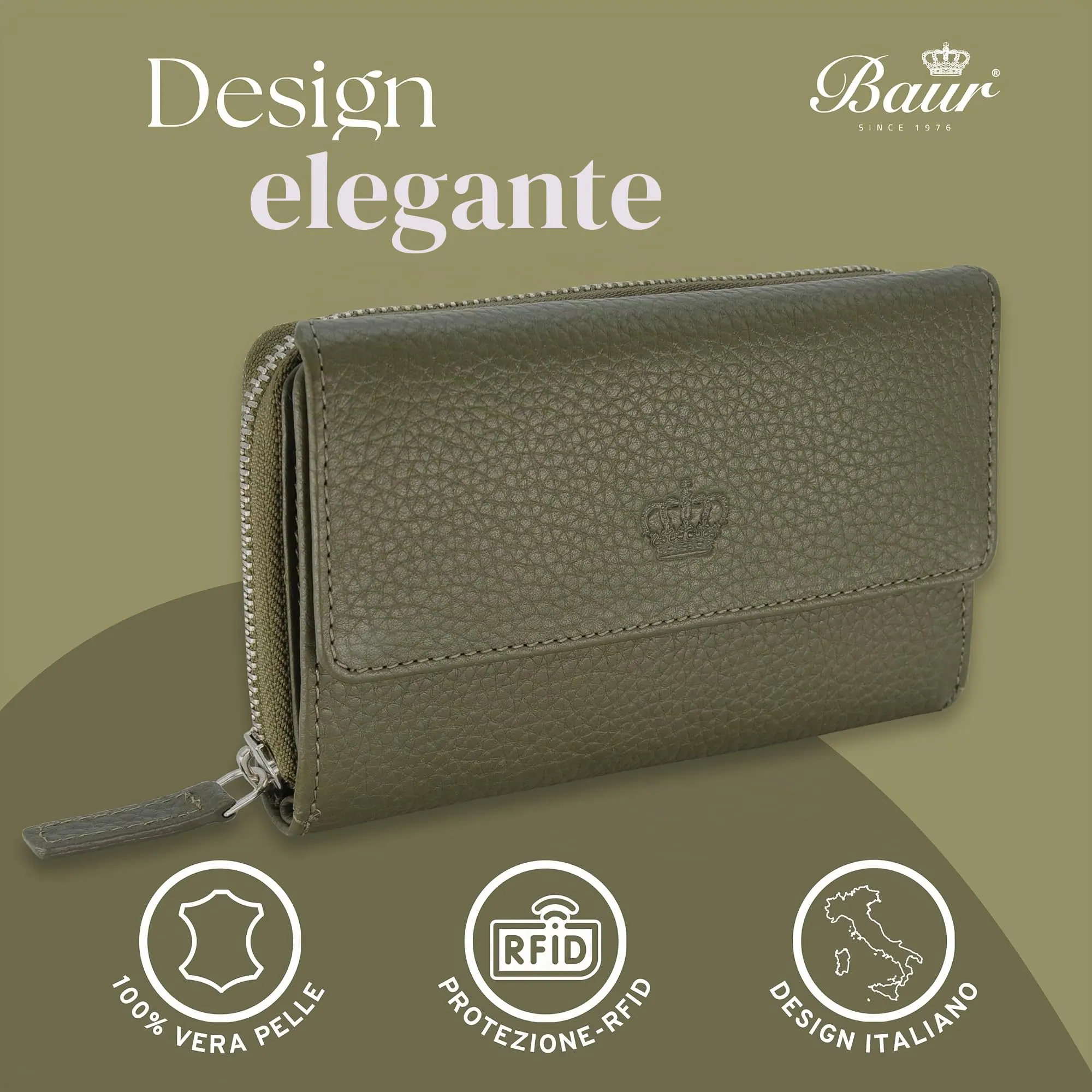 Baur portafoglio da donna – vera pelle con protezione RFID – portafoglio grande con 14 scomparti per carte – chiusura a bottone a pressione & tasca portamonete con cerniera (Verde oliva) - immagine 2