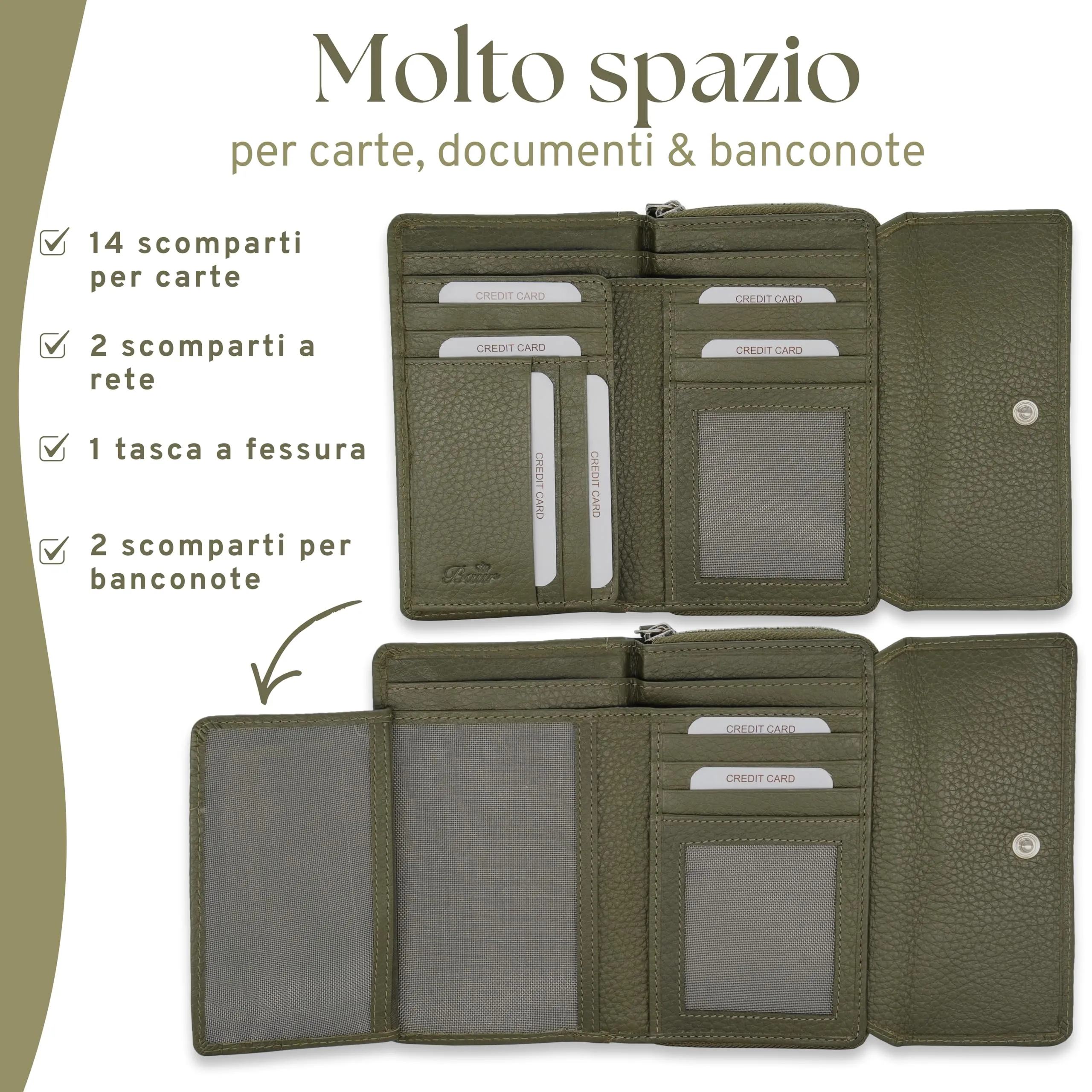 Baur portafoglio da donna – vera pelle con protezione RFID – portafoglio grande con 14 scomparti per carte – chiusura a bottone a pressione & tasca portamonete con cerniera (Verde oliva) - immagine 4