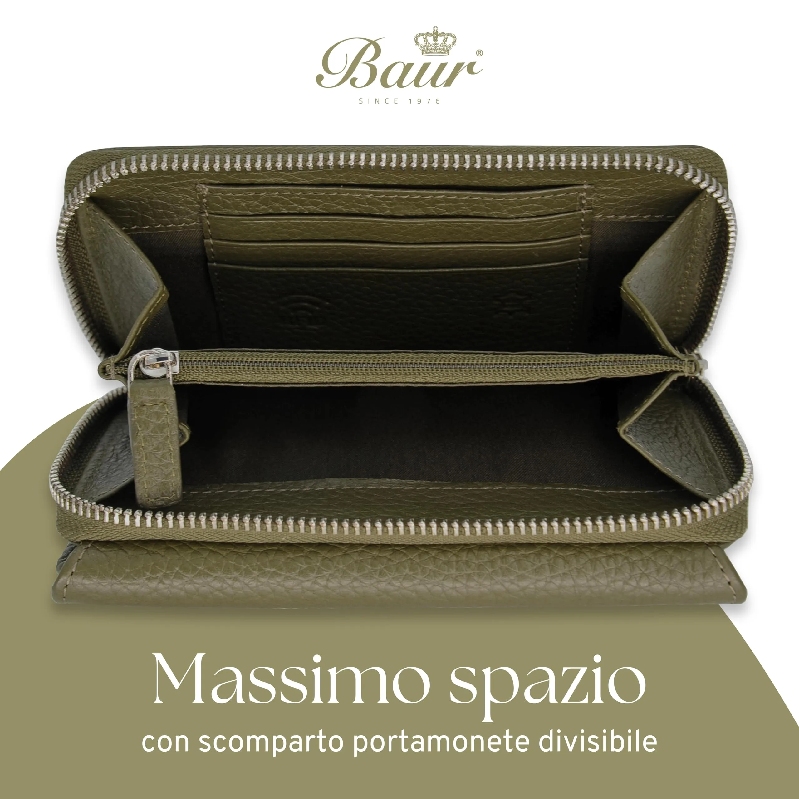 Baur portafoglio da donna – vera pelle con protezione RFID – portafoglio grande con 14 scomparti per carte – chiusura a bottone a pressione & tasca portamonete con cerniera (Verde oliva) - immagine 5