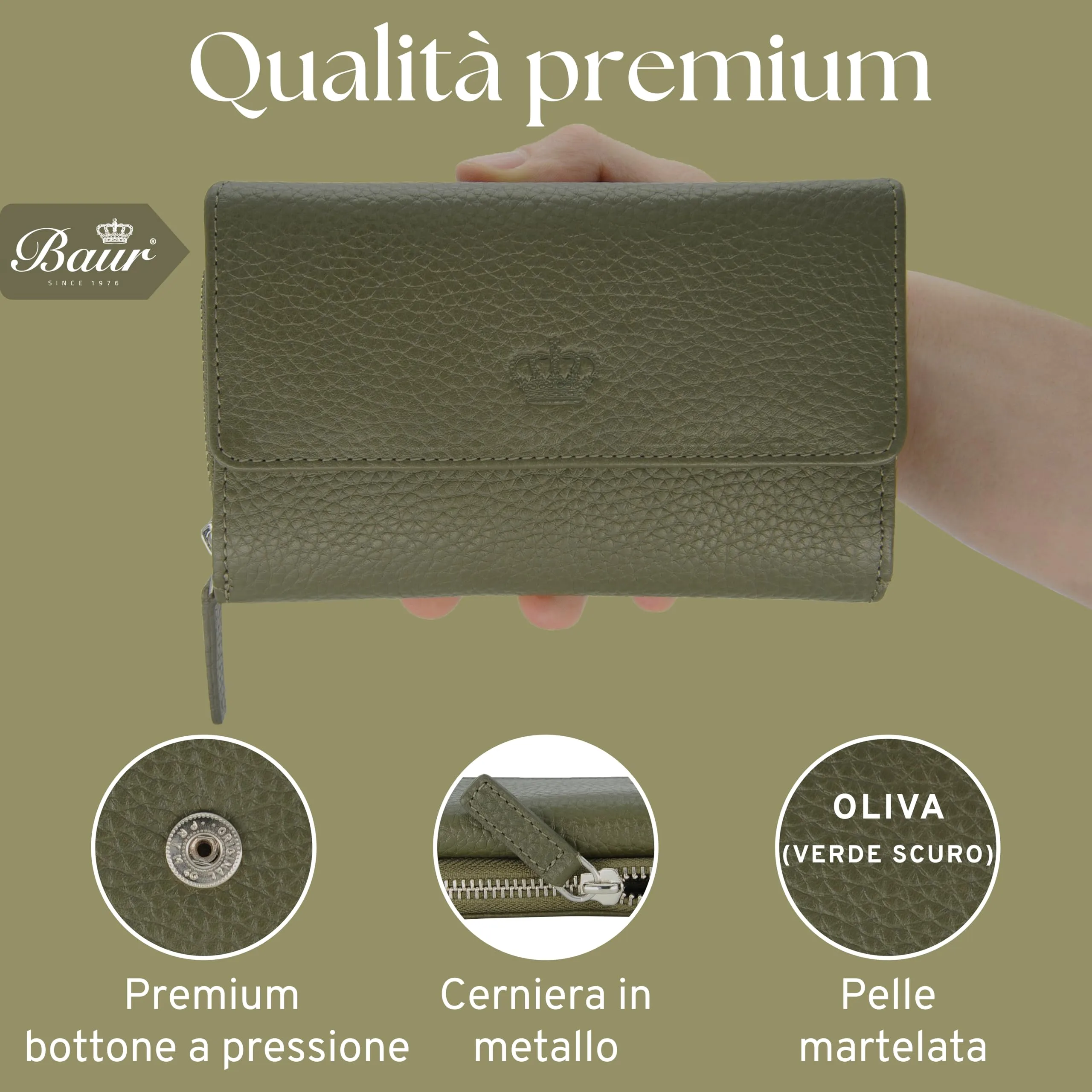 Baur portafoglio da donna – vera pelle con protezione RFID – portafoglio grande con 14 scomparti per carte – chiusura a bottone a pressione & tasca portamonete con cerniera (Verde oliva) - immagine 6