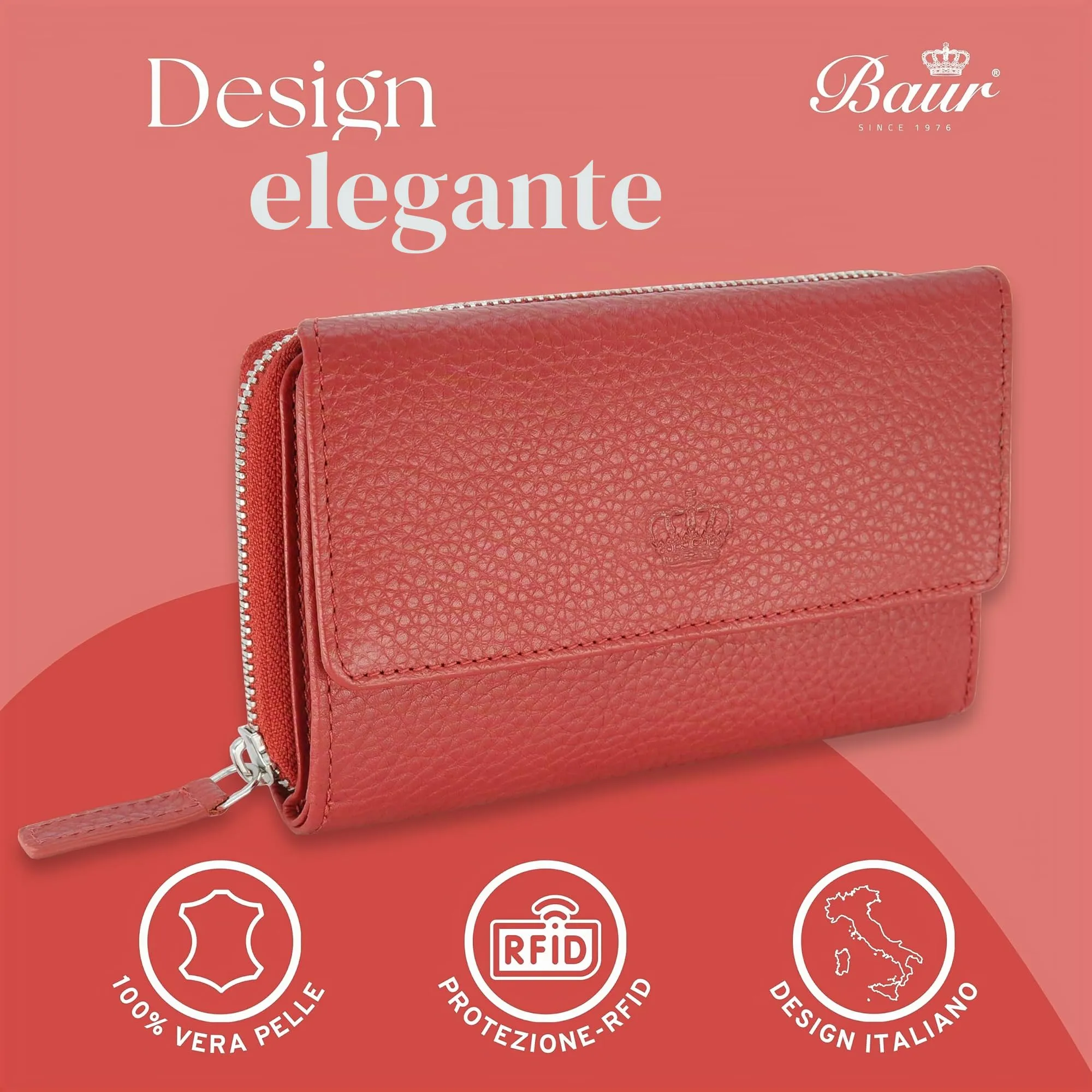 Baur portafoglio da donna – vera pelle con protezione RFID – portafoglio grande con 14 scomparti per carte – chiusura a bottone a pressione & tasca portamonete con cerniera (Rosso) - immagine 2