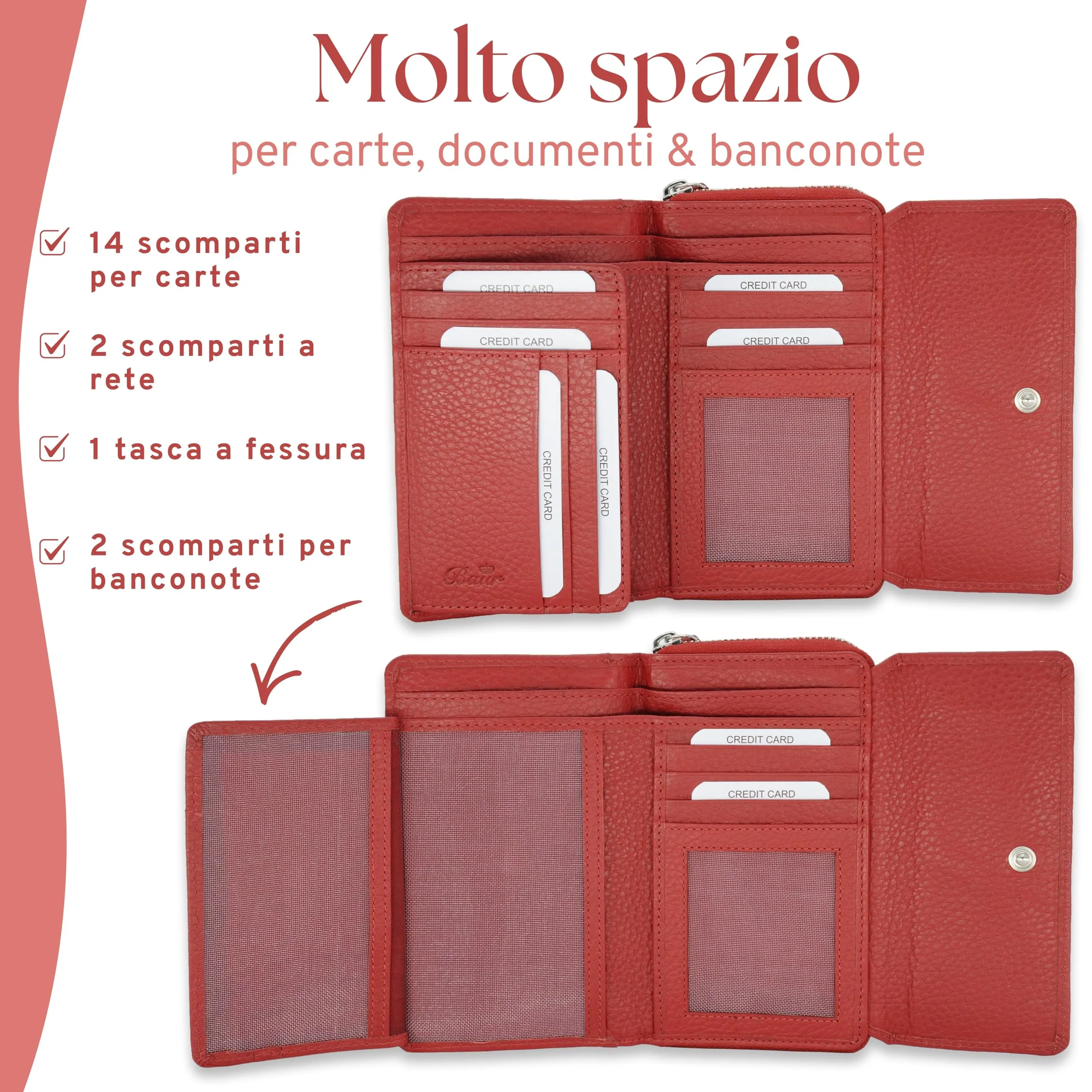 Baur portafoglio da donna – vera pelle con protezione RFID – portafoglio grande con 14 scomparti per carte – chiusura a bottone a pressione & tasca portamonete con cerniera (Rosso) - immagine 4