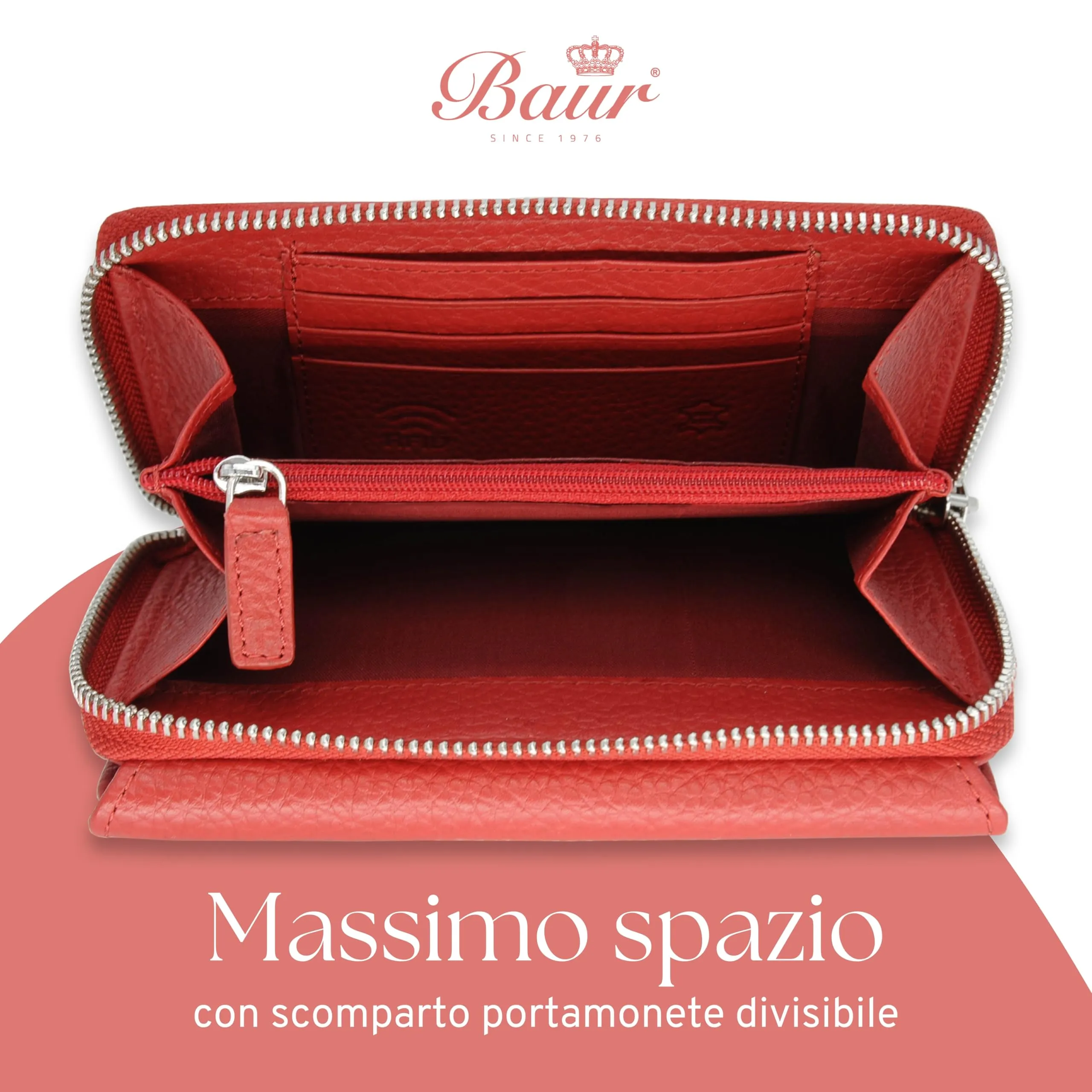 Baur portafoglio da donna – vera pelle con protezione RFID – portafoglio grande con 14 scomparti per carte – chiusura a bottone a pressione & tasca portamonete con cerniera (Rosso) - immagine 5