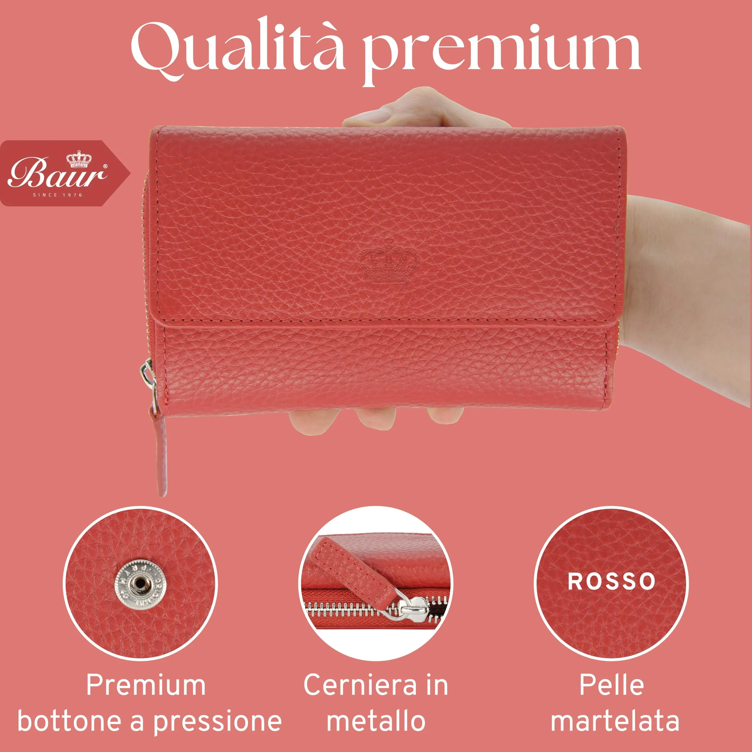 Baur portafoglio da donna – vera pelle con protezione RFID – portafoglio grande con 14 scomparti per carte – chiusura a bottone a pressione & tasca portamonete con cerniera (Rosso) - immagine 6