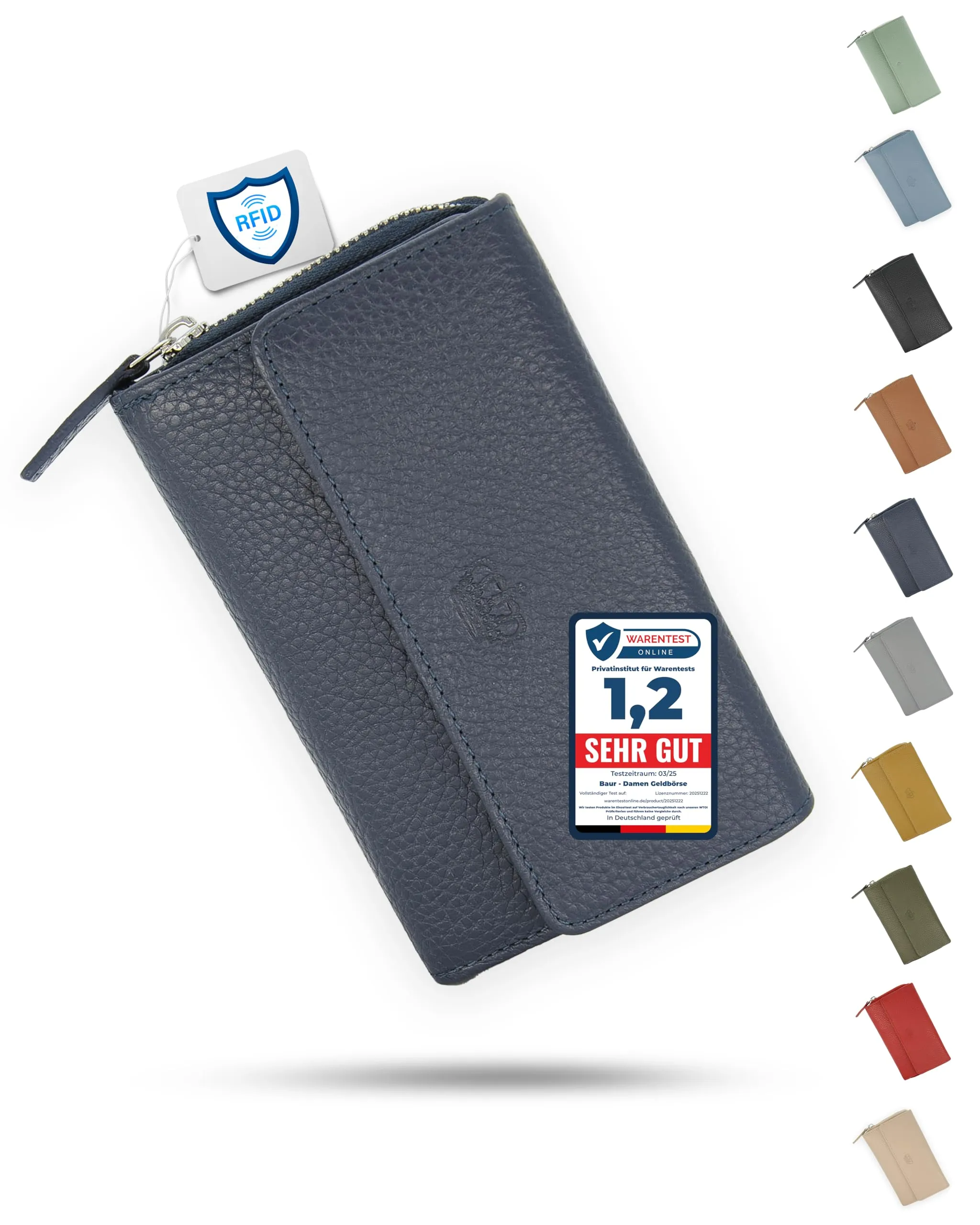 Baur portafoglio da donna – vera pelle con protezione RFID – portafoglio grande con 14 scomparti per carte – chiusura a bottone a pressione & tasca portamonete con cerniera (Blu scuro) - immagine 1