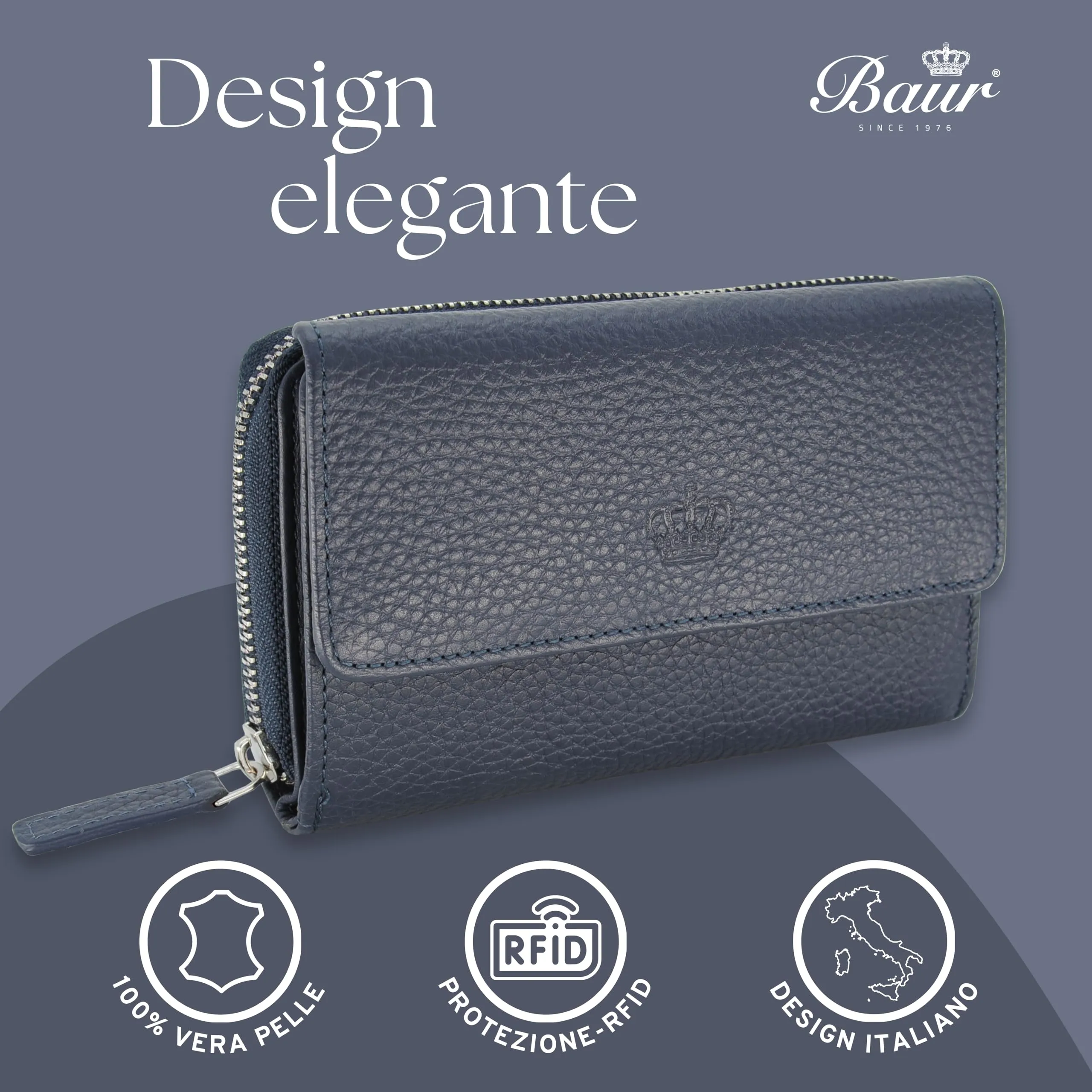Baur portafoglio da donna – vera pelle con protezione RFID – portafoglio grande con 14 scomparti per carte – chiusura a bottone a pressione & tasca portamonete con cerniera (Blu scuro) - immagine 2
