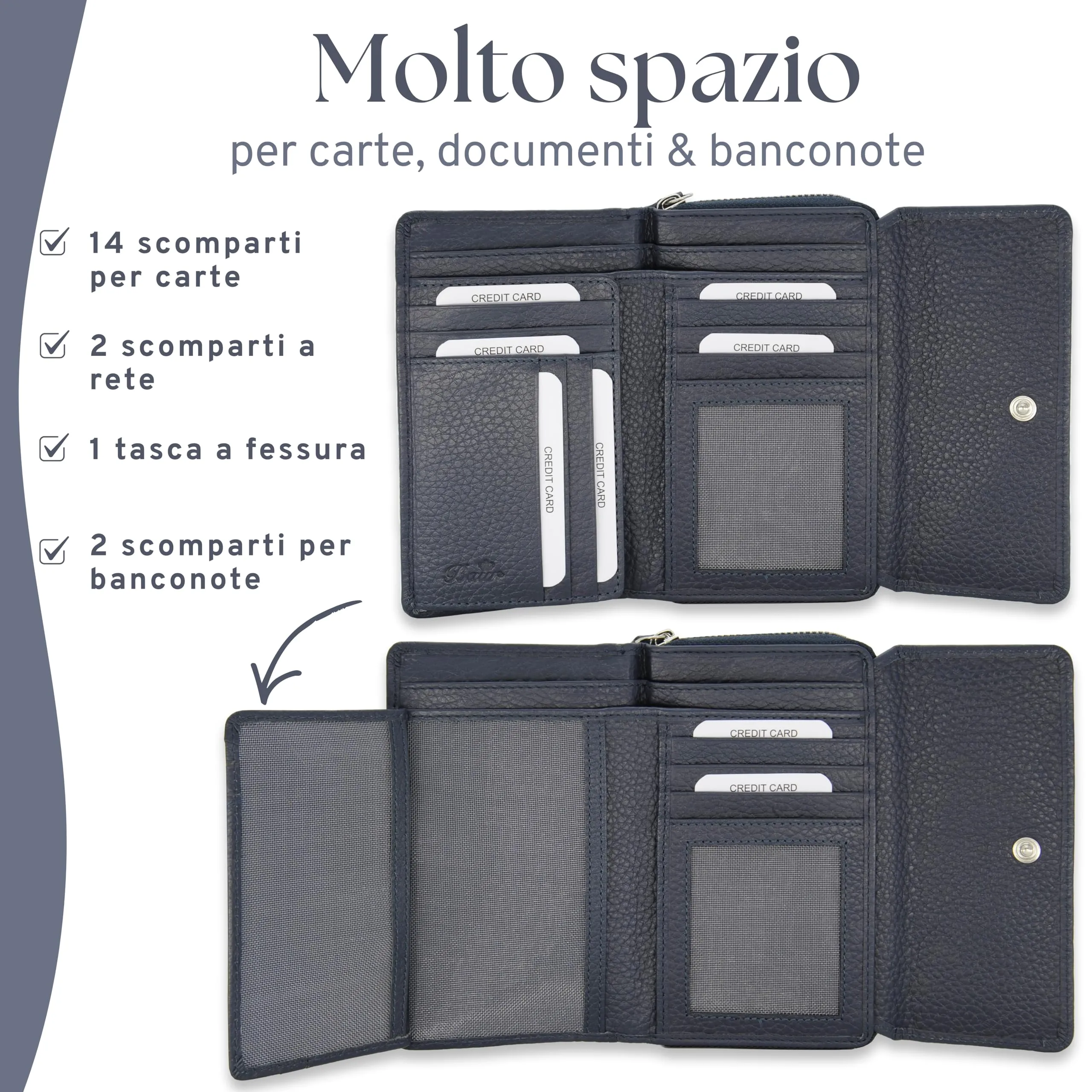 Baur portafoglio da donna – vera pelle con protezione RFID – portafoglio grande con 14 scomparti per carte – chiusura a bottone a pressione & tasca portamonete con cerniera (Blu scuro) - immagine 4