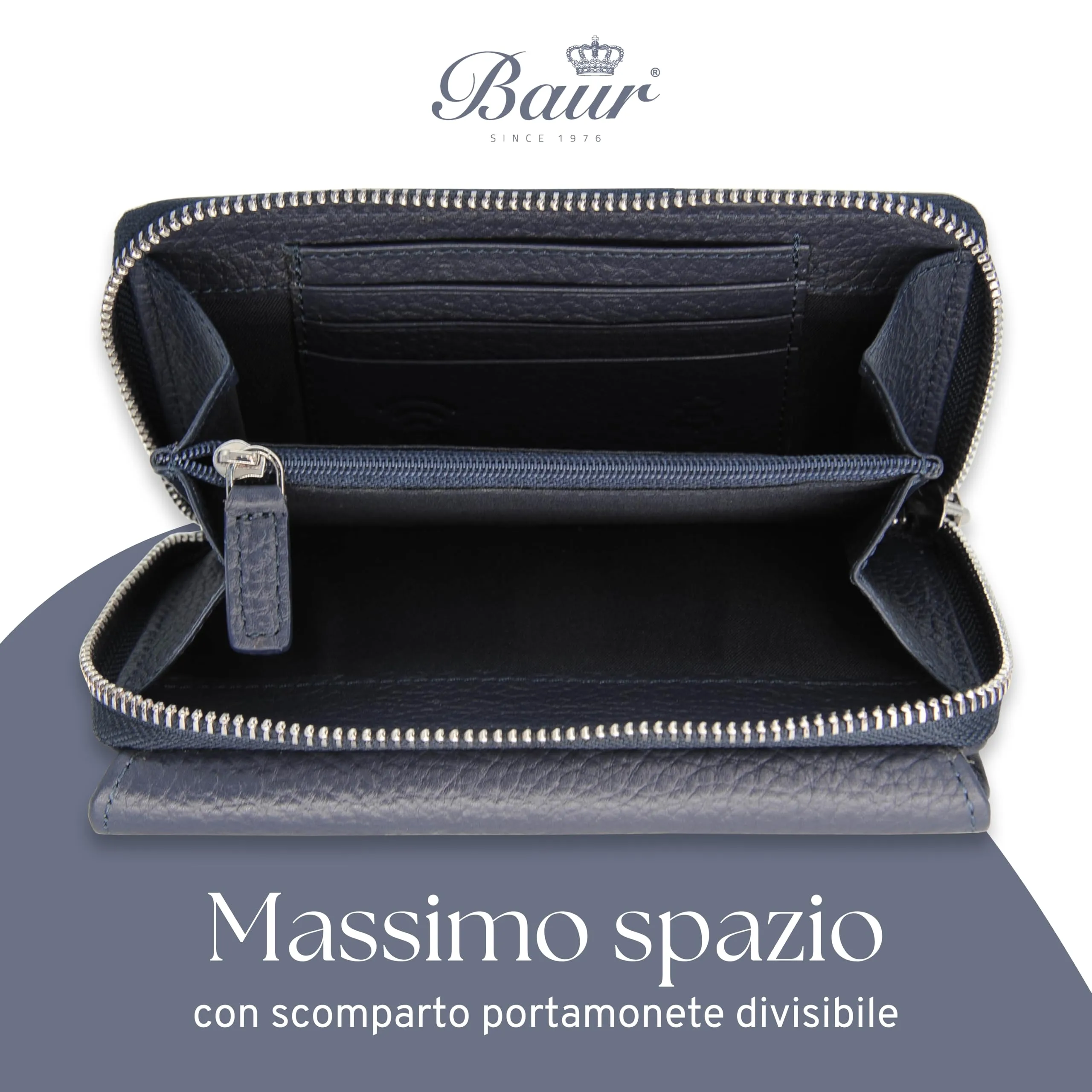 Baur portafoglio da donna – vera pelle con protezione RFID – portafoglio grande con 14 scomparti per carte – chiusura a bottone a pressione & tasca portamonete con cerniera (Blu scuro) - immagine 5