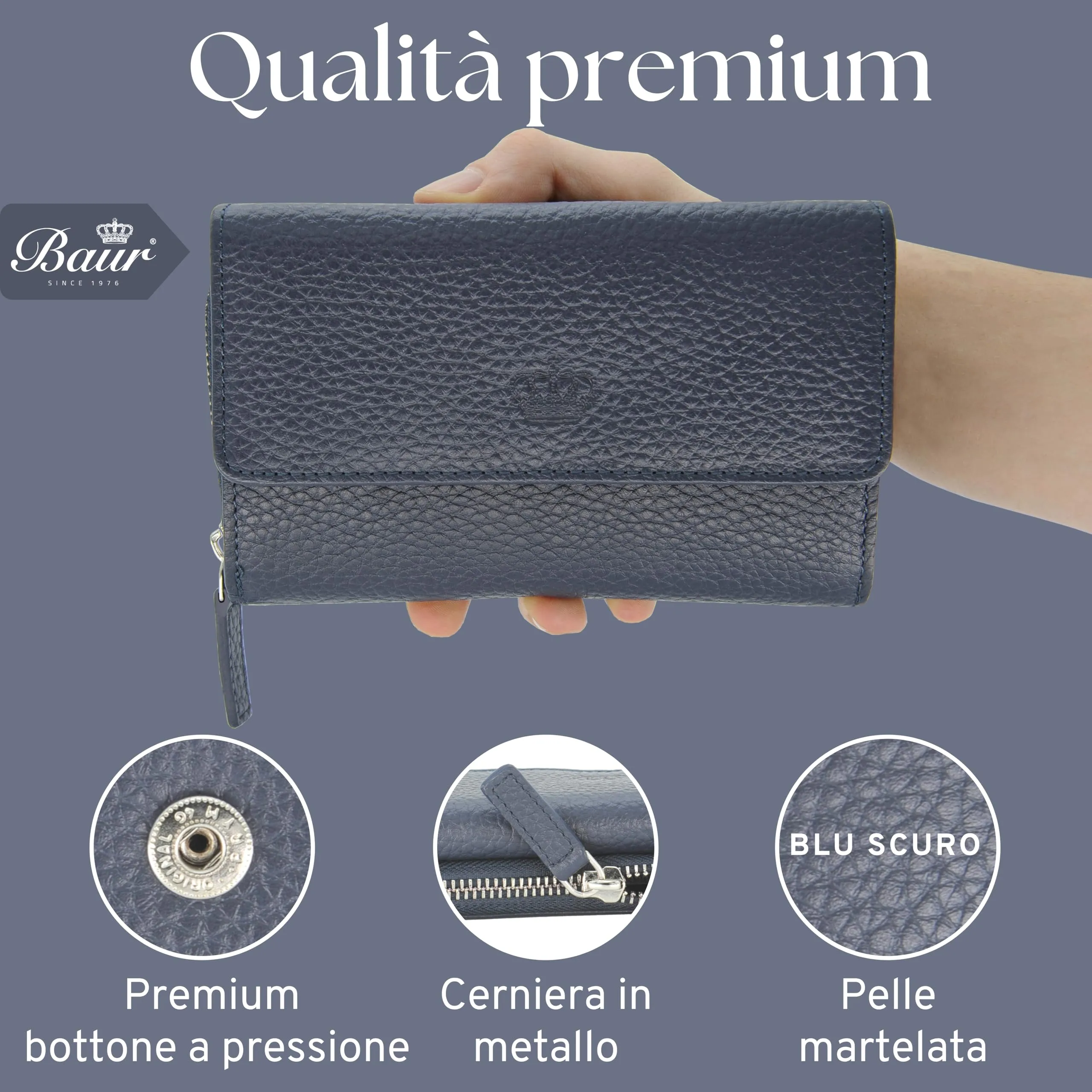 Baur portafoglio da donna – vera pelle con protezione RFID – portafoglio grande con 14 scomparti per carte – chiusura a bottone a pressione & tasca portamonete con cerniera (Blu scuro) - immagine 6