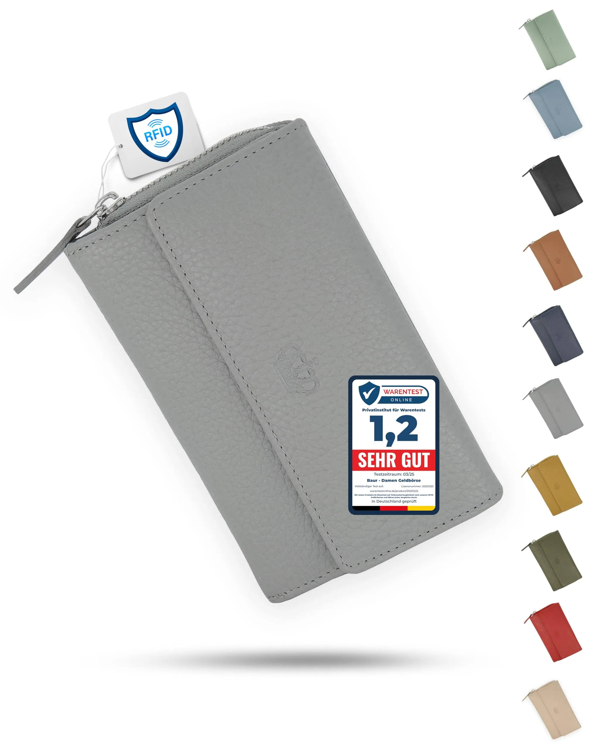 Baur portafoglio da donna – vera pelle con protezione RFID – portafoglio grande con 14 scomparti per carte – chiusura a bottone a pressione & tasca portamonete con cerniera (Grigio) - immagine 1