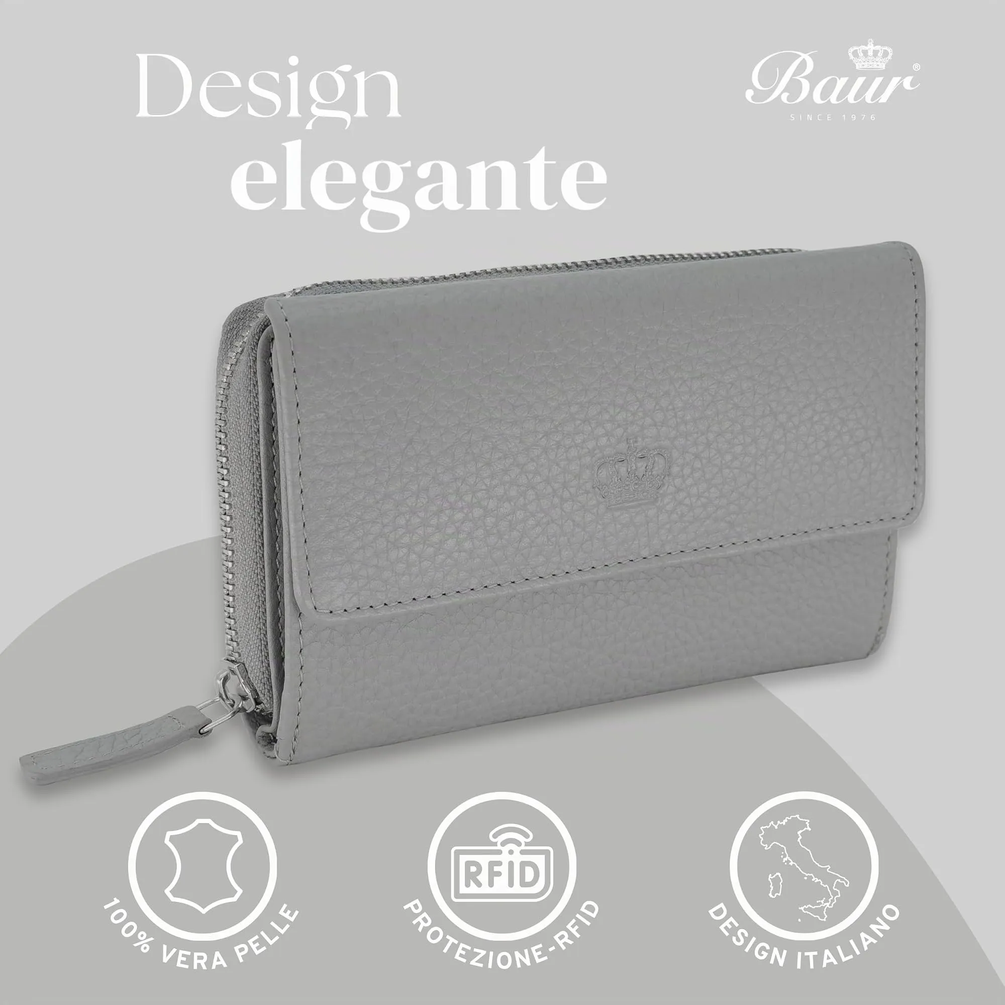 Baur portafoglio da donna – vera pelle con protezione RFID – portafoglio grande con 14 scomparti per carte – chiusura a bottone a pressione & tasca portamonete con cerniera (Grigio) - immagine 2