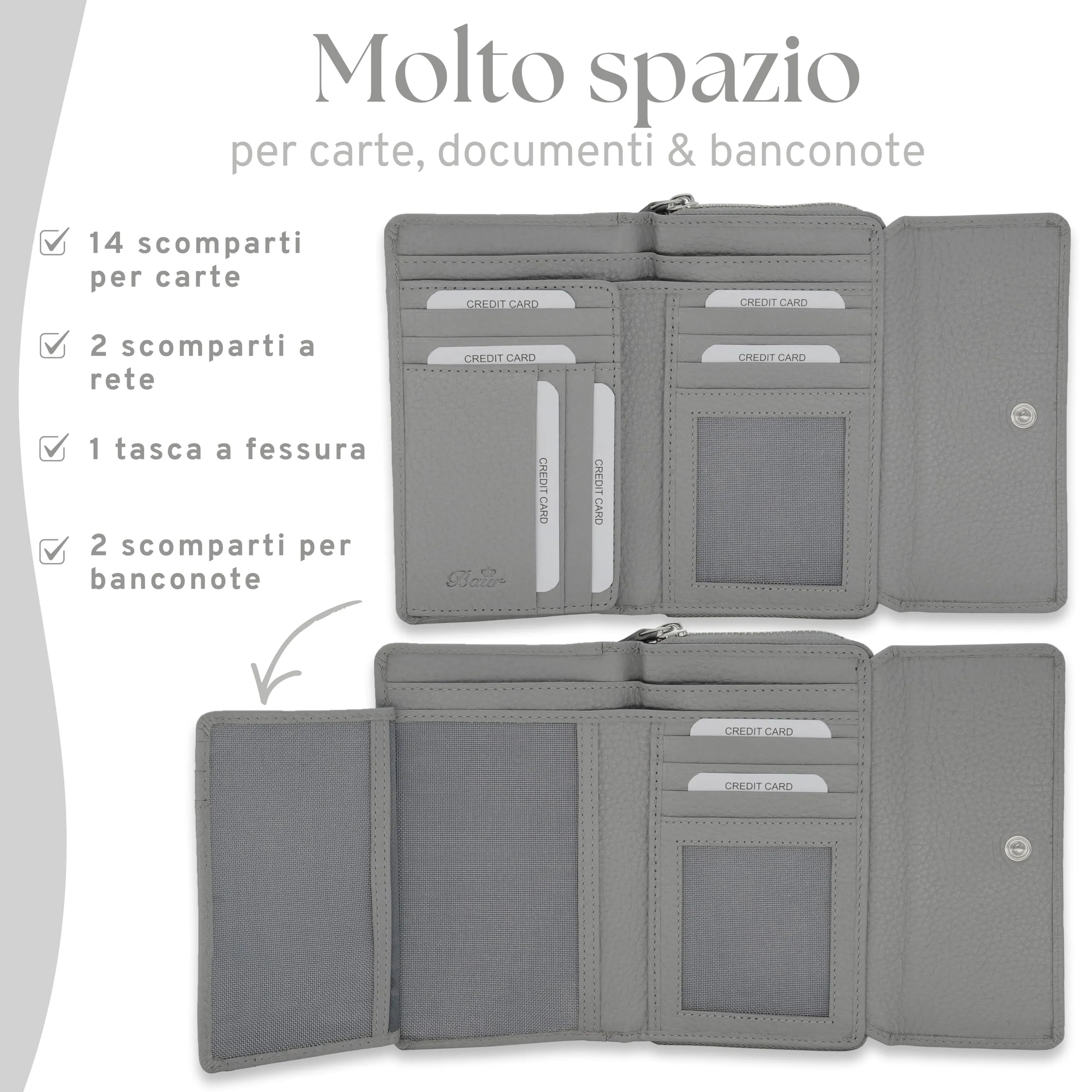 Baur portafoglio da donna – vera pelle con protezione RFID – portafoglio grande con 14 scomparti per carte – chiusura a bottone a pressione & tasca portamonete con cerniera (Grigio) - immagine 4
