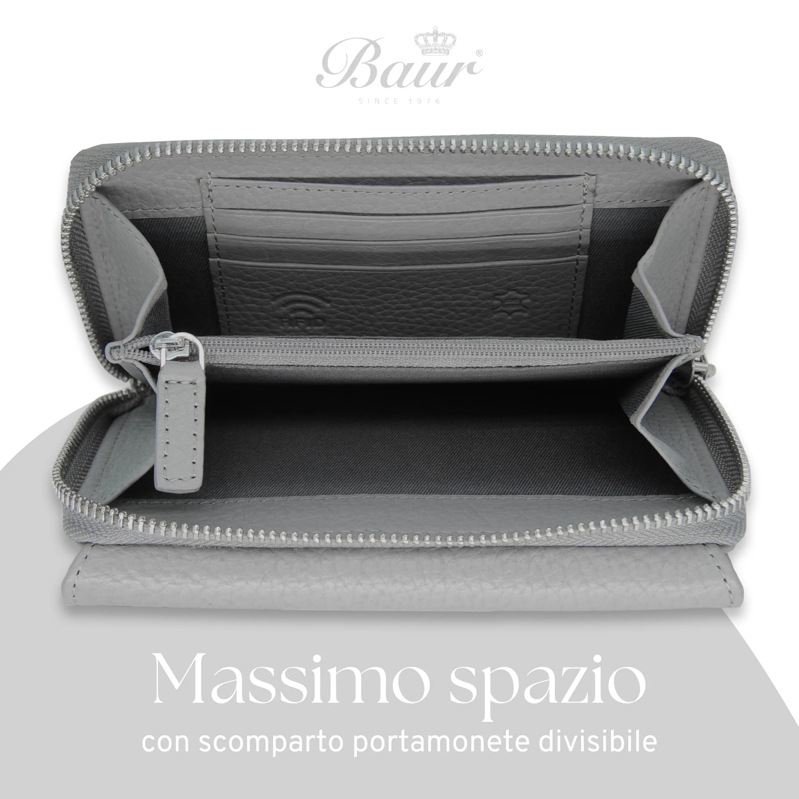 Baur portafoglio da donna – vera pelle con protezione RFID – portafoglio grande con 14 scomparti per carte – chiusura a bottone a pressione & tasca portamonete con cerniera (Grigio) - immagine 5