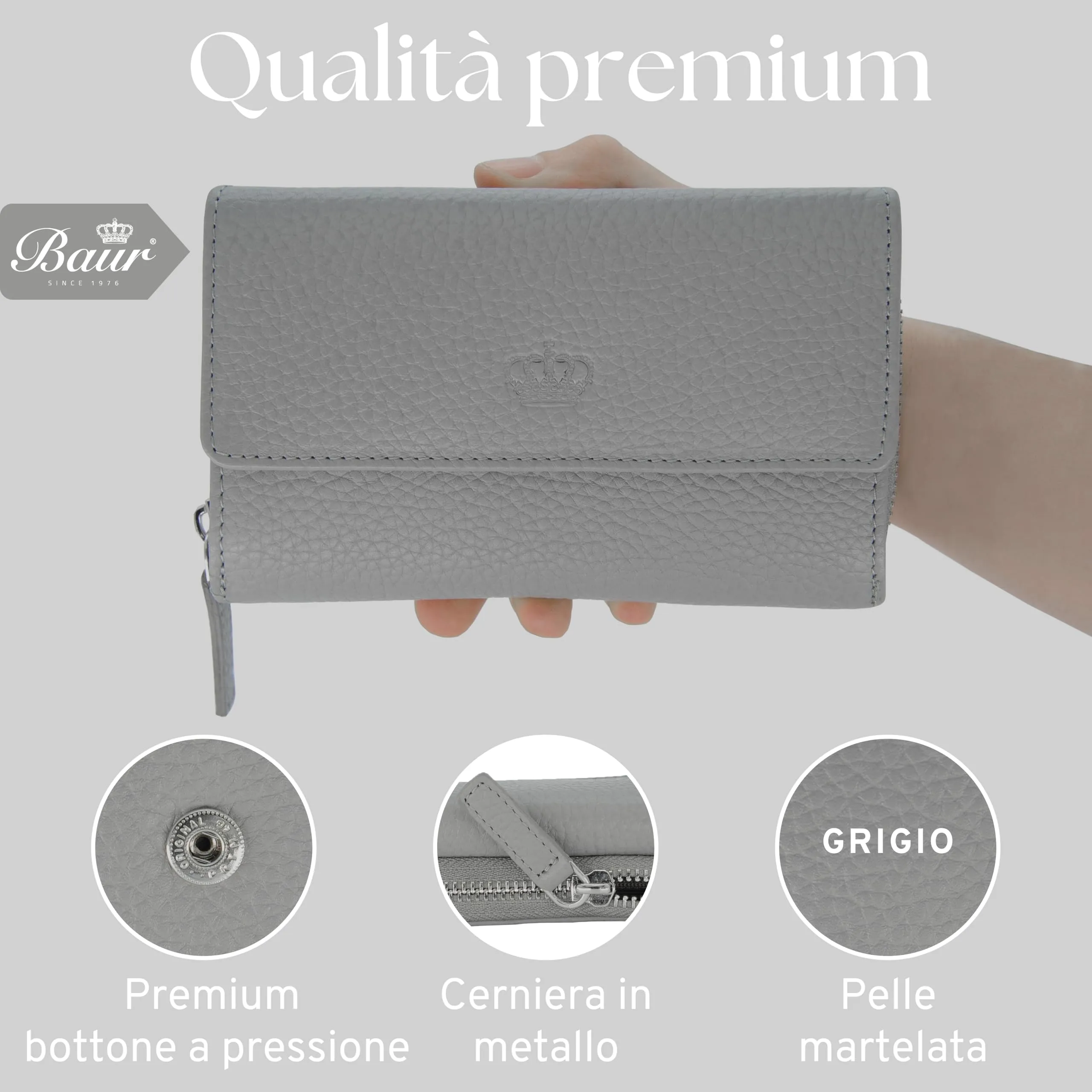 Baur portafoglio da donna – vera pelle con protezione RFID – portafoglio grande con 14 scomparti per carte – chiusura a bottone a pressione & tasca portamonete con cerniera (Grigio) - immagine 6