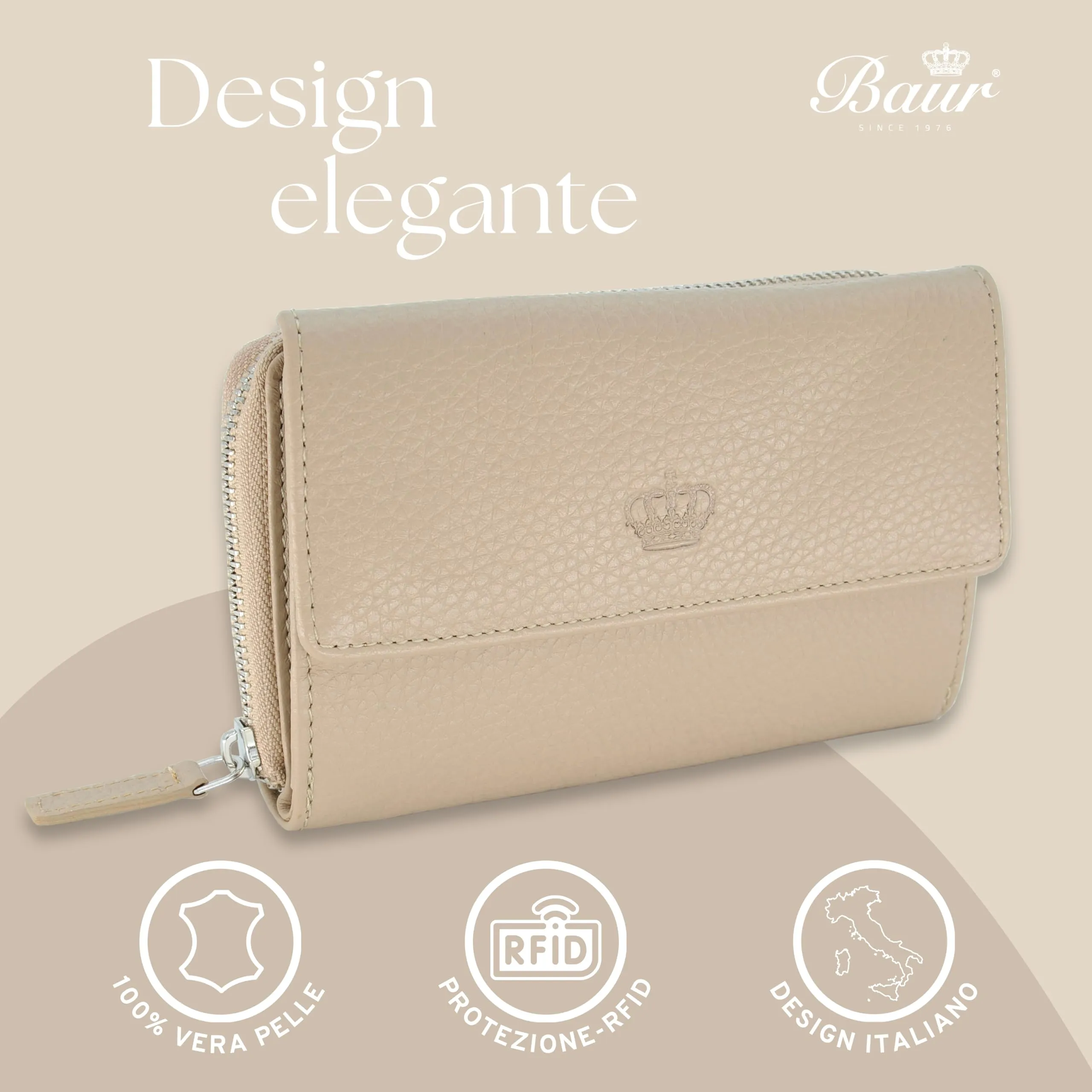 Baur portafoglio da donna – vera pelle con protezione RFID – portafoglio grande con 14 scomparti per carte – chiusura a bottone a pressione & tasca portamonete con cerniera (Talpa) - immagine 2