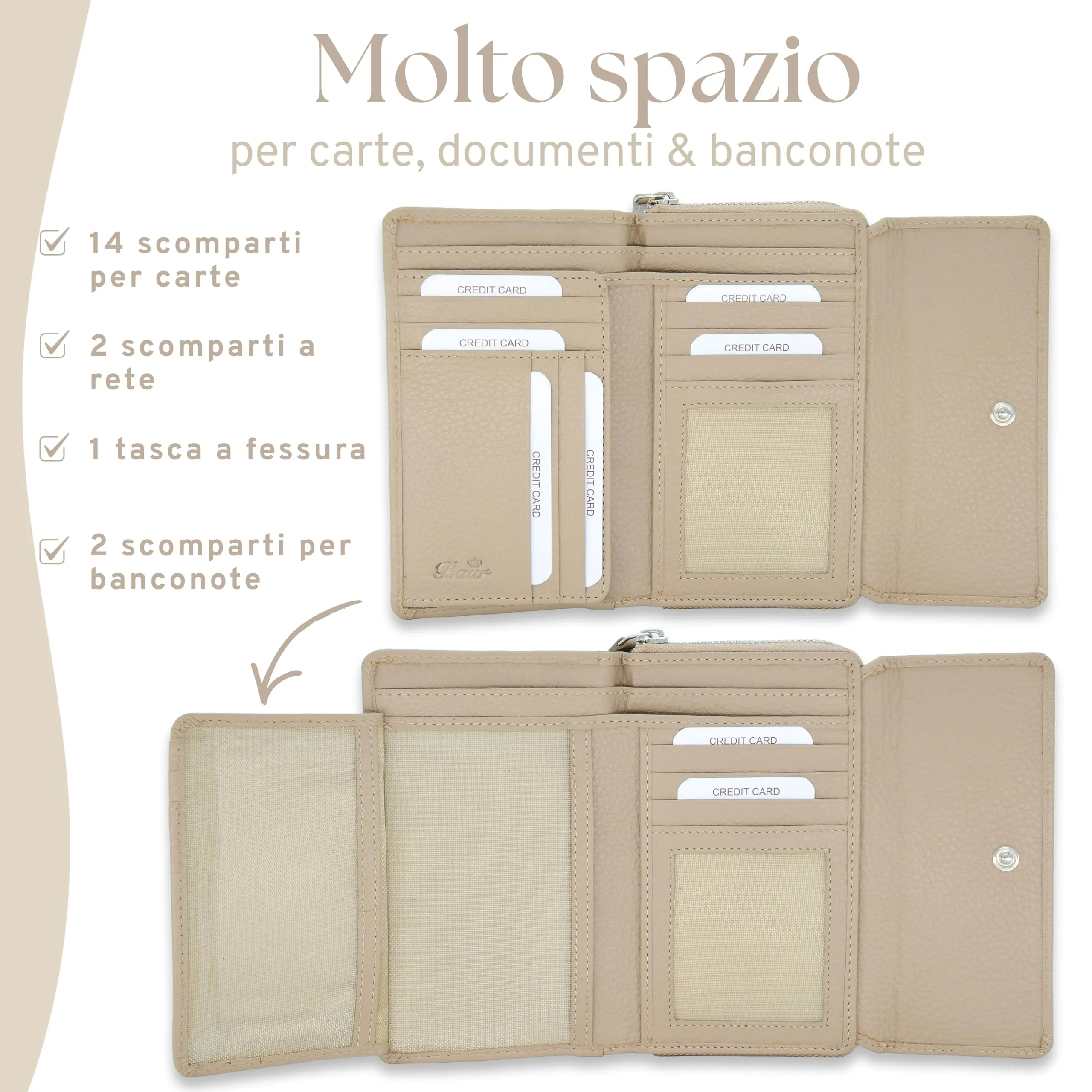 Baur portafoglio da donna – vera pelle con protezione RFID – portafoglio grande con 14 scomparti per carte – chiusura a bottone a pressione & tasca portamonete con cerniera (Talpa) - immagine 4