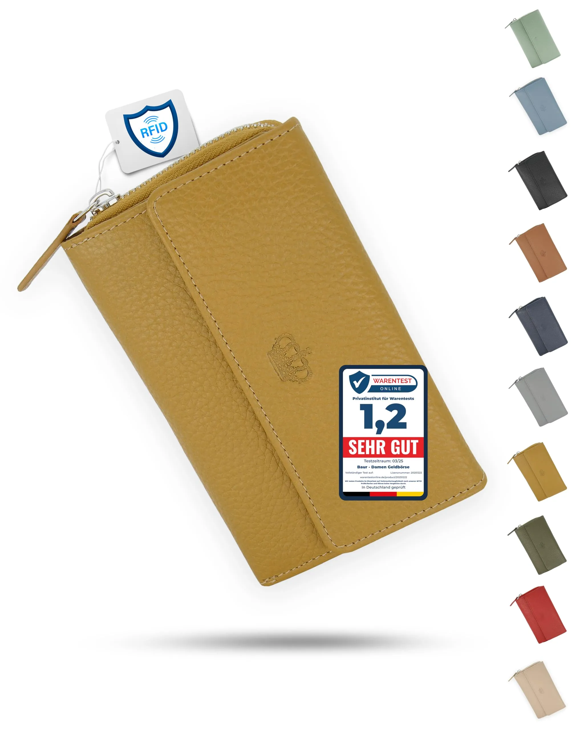 Baur portafoglio da donna – vera pelle con protezione RFID – portafoglio grande con 14 scomparti per carte – chiusura a bottone a pressione & tasca portamonete con cerniera (Giallo senape) - immagine 1