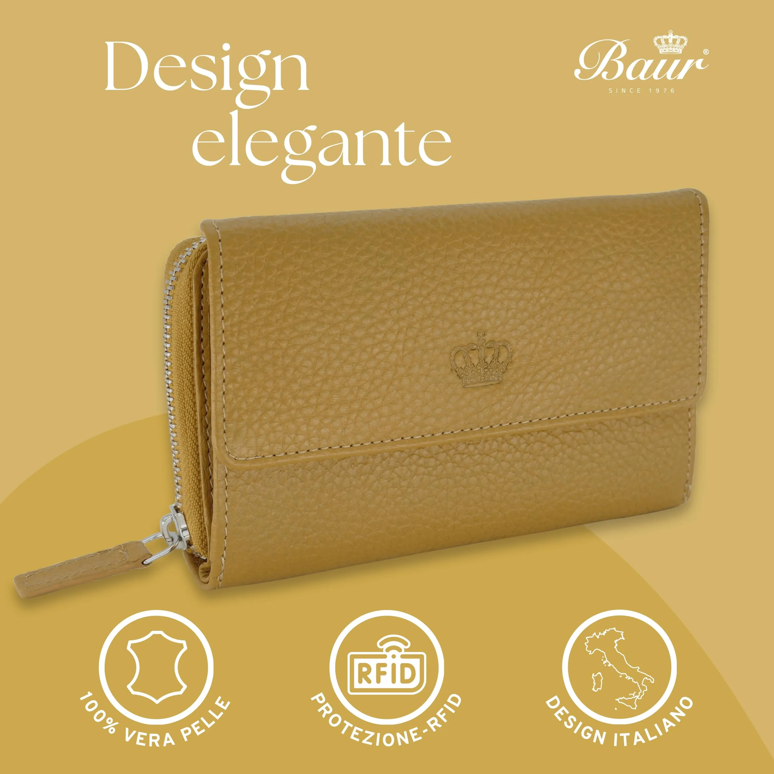 Baur portafoglio da donna – vera pelle con protezione RFID – portafoglio grande con 14 scomparti per carte – chiusura a bottone a pressione & tasca portamonete con cerniera (Giallo senape) - immagine 2
