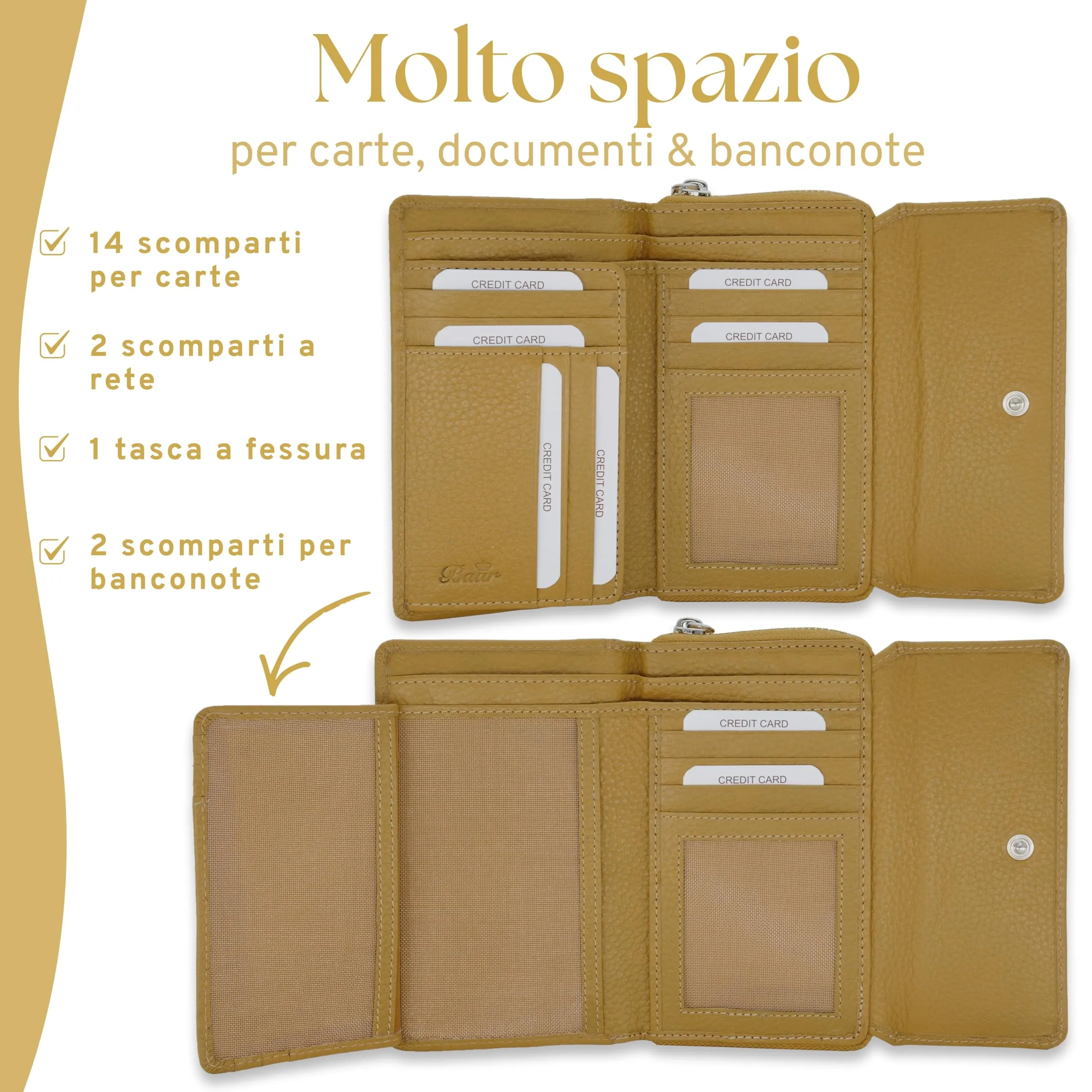 Baur portafoglio da donna – vera pelle con protezione RFID – portafoglio grande con 14 scomparti per carte – chiusura a bottone a pressione & tasca portamonete con cerniera (Giallo senape) - immagine 4