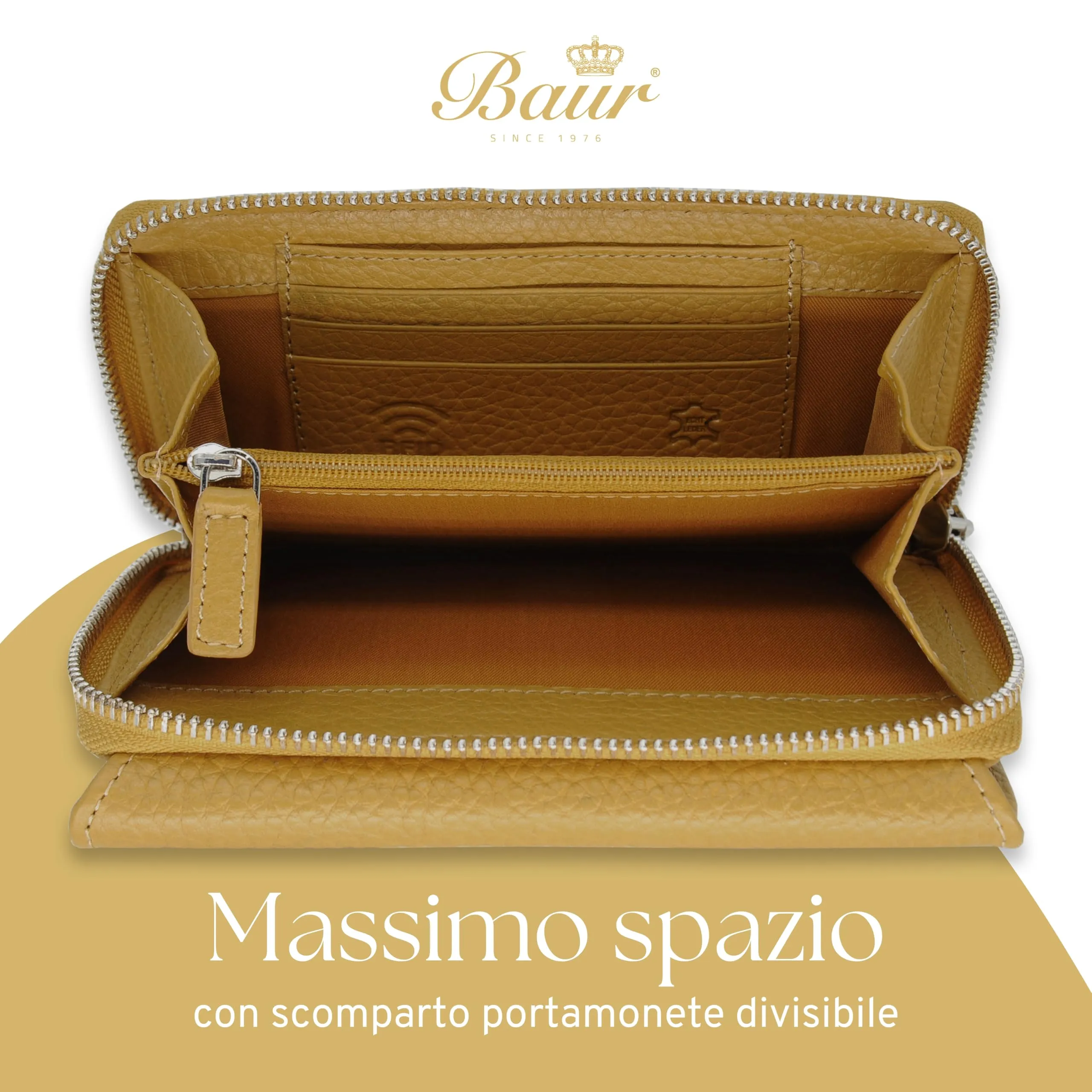 Baur portafoglio da donna – vera pelle con protezione RFID – portafoglio grande con 14 scomparti per carte – chiusura a bottone a pressione & tasca portamonete con cerniera (Giallo senape) - immagine 5