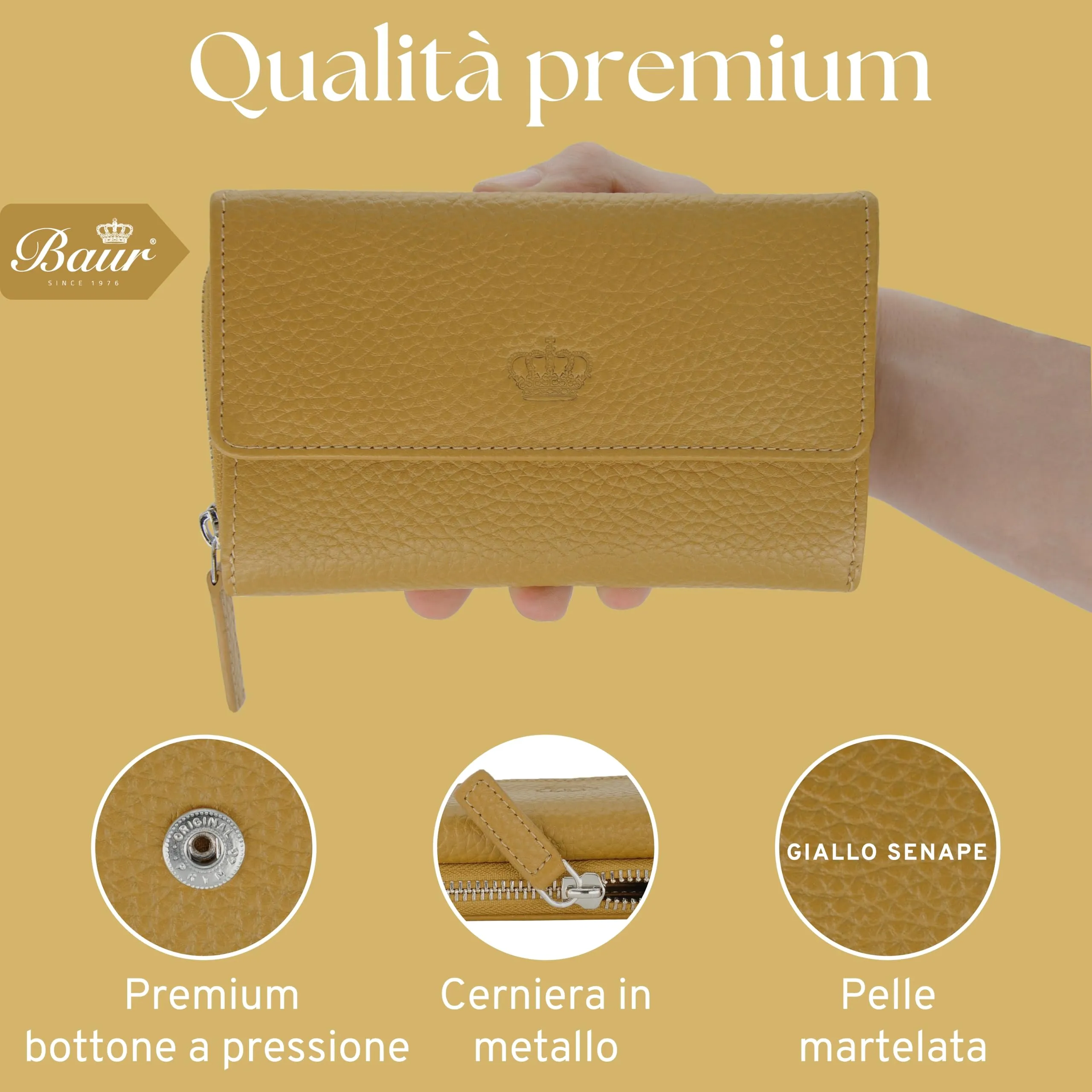Baur portafoglio da donna – vera pelle con protezione RFID – portafoglio grande con 14 scomparti per carte – chiusura a bottone a pressione & tasca portamonete con cerniera (Giallo senape) - immagine 6