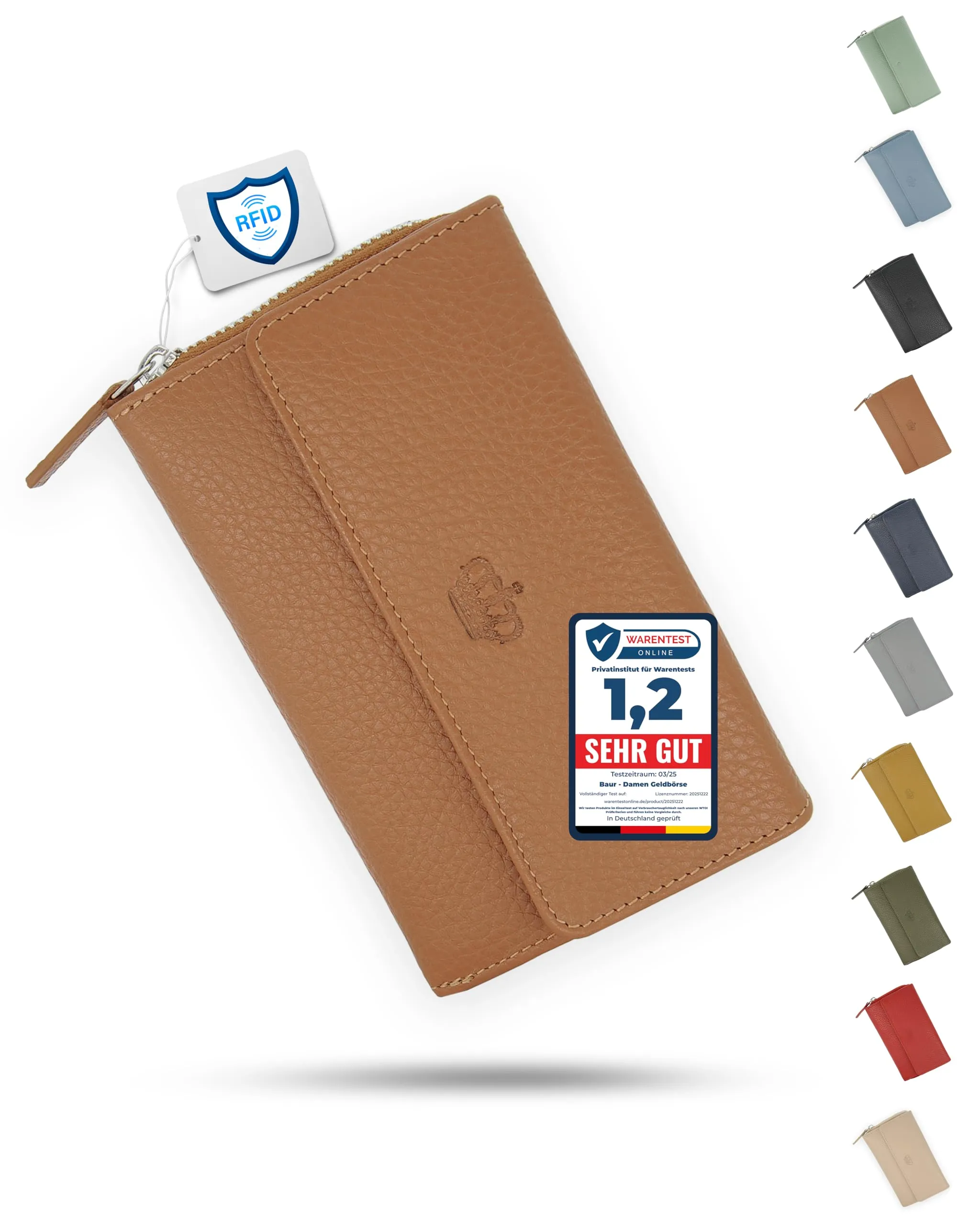Baur portafoglio da donna – vera pelle con protezione RFID – portafoglio grande con 14 scomparti per carte – chiusura a bottone a pressione & tasca portamonete con cerniera (Cognac) - immagine 1