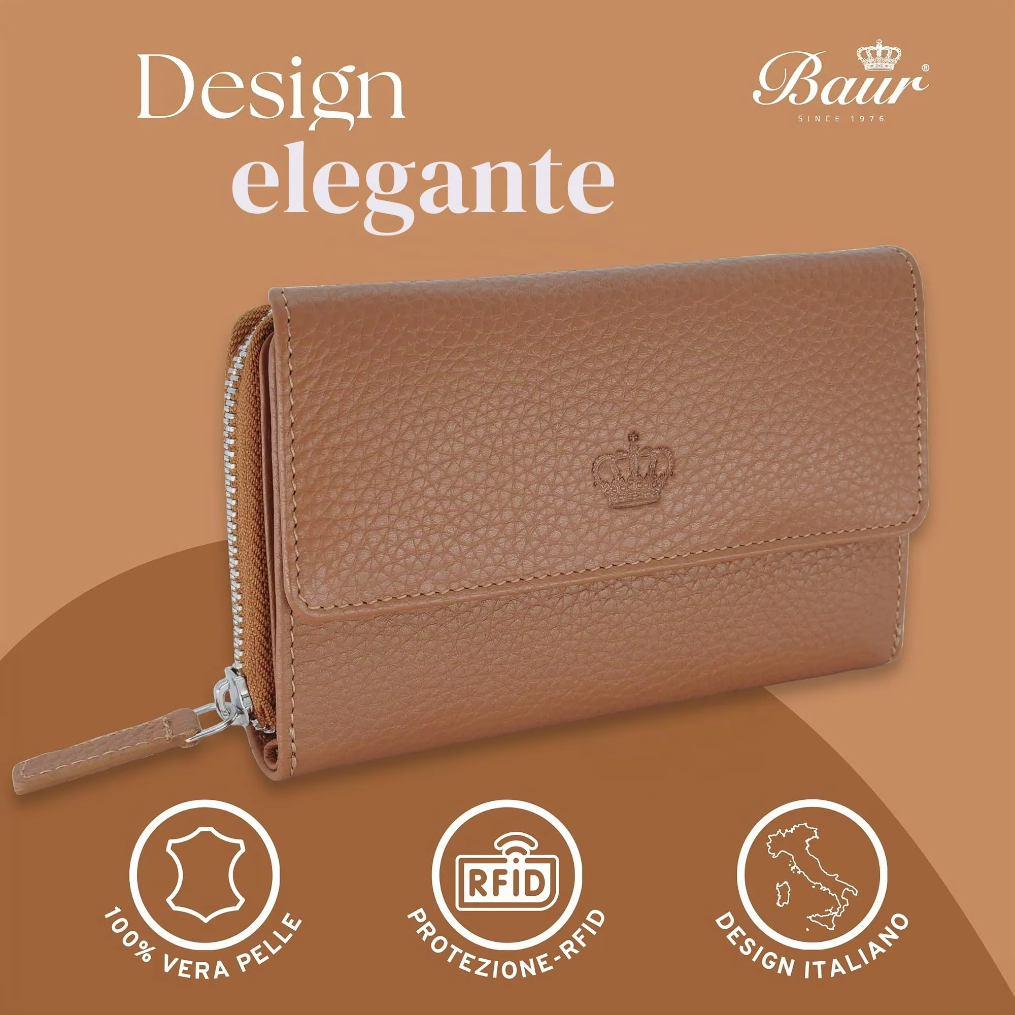 Baur portafoglio da donna – vera pelle con protezione RFID – portafoglio grande con 14 scomparti per carte – chiusura a bottone a pressione & tasca portamonete con cerniera (Cognac) - immagine 2