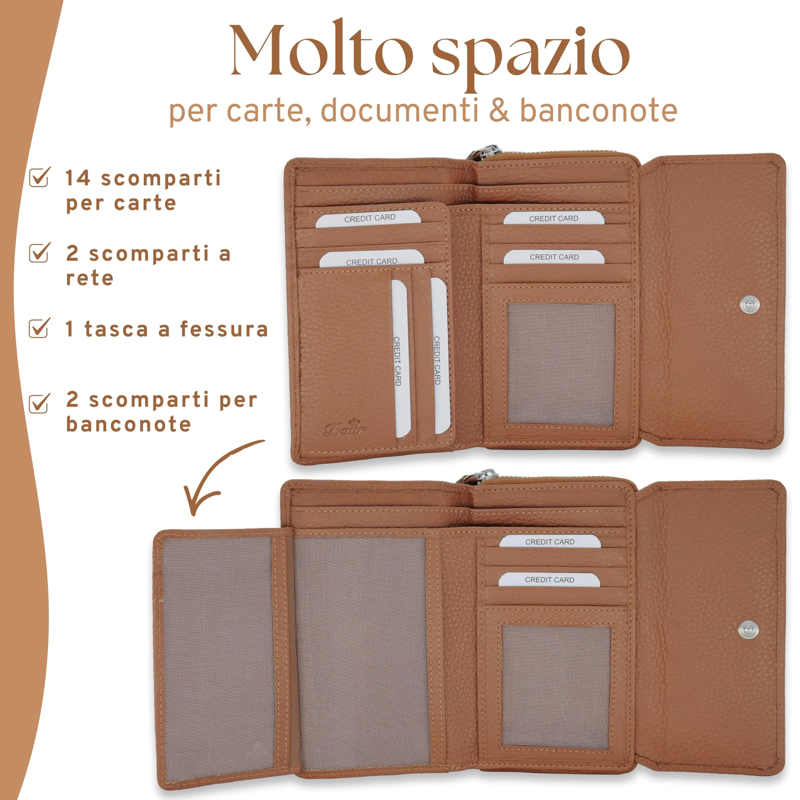 Baur portafoglio da donna – vera pelle con protezione RFID – portafoglio grande con 14 scomparti per carte – chiusura a bottone a pressione & tasca portamonete con cerniera (Cognac) - immagine 4