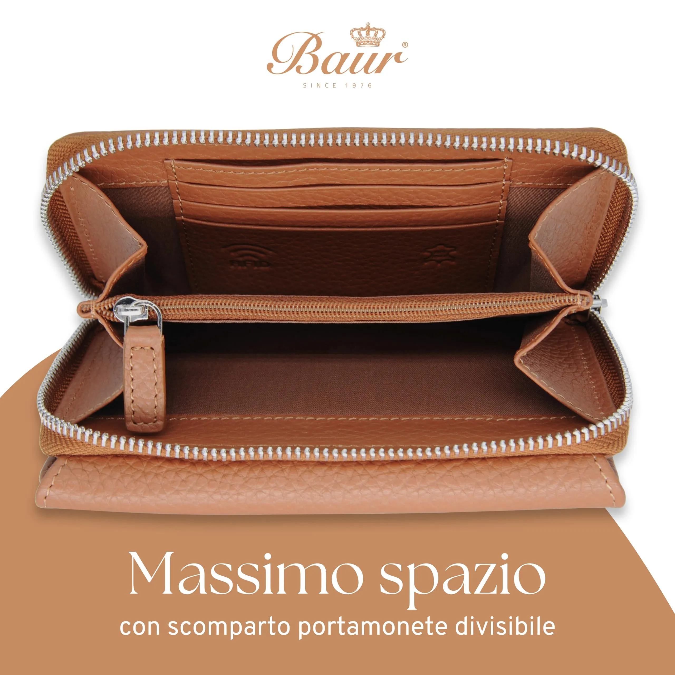 Baur portafoglio da donna – vera pelle con protezione RFID – portafoglio grande con 14 scomparti per carte – chiusura a bottone a pressione & tasca portamonete con cerniera (Cognac) - immagine 5