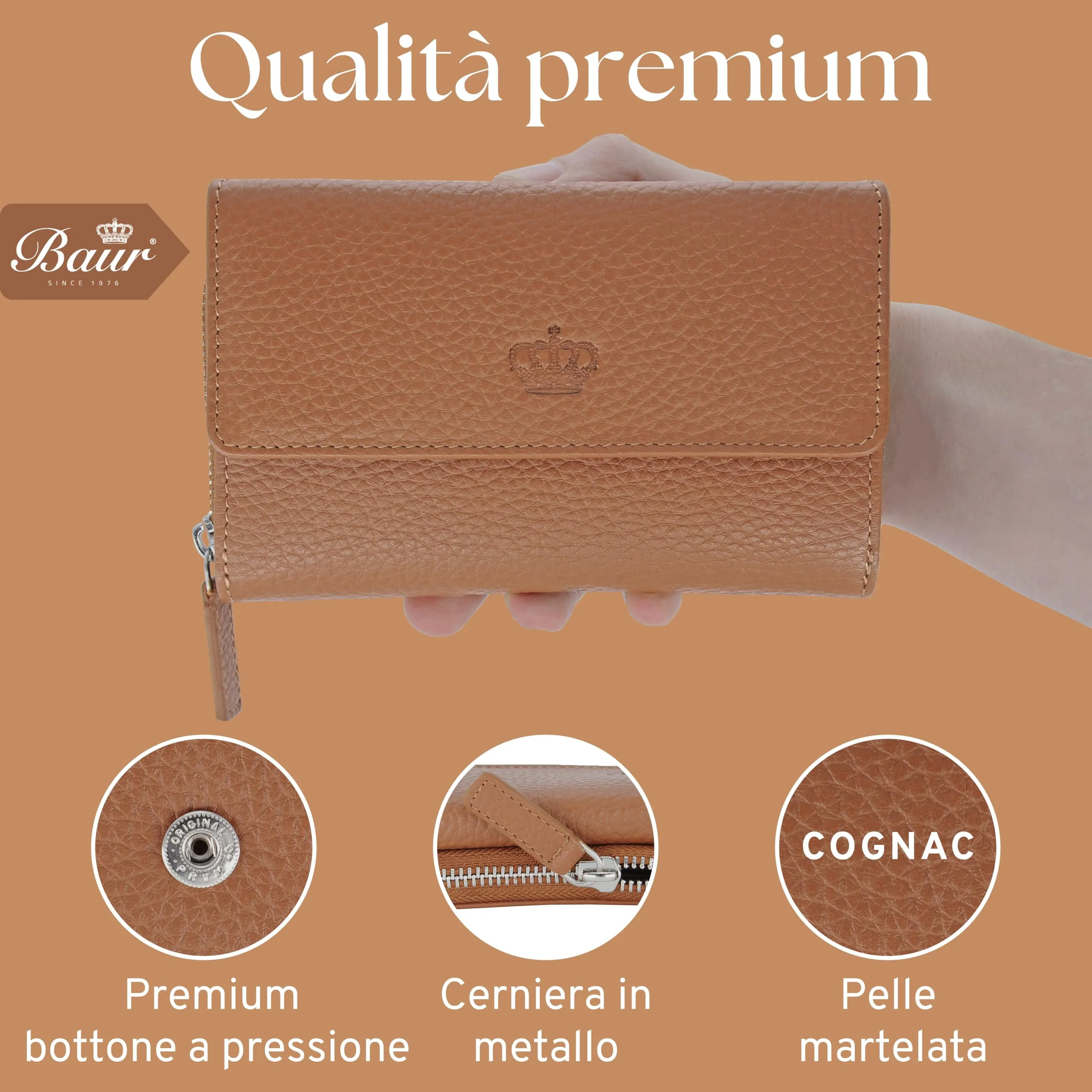 Baur portafoglio da donna – vera pelle con protezione RFID – portafoglio grande con 14 scomparti per carte – chiusura a bottone a pressione & tasca portamonete con cerniera (Cognac) - immagine 6